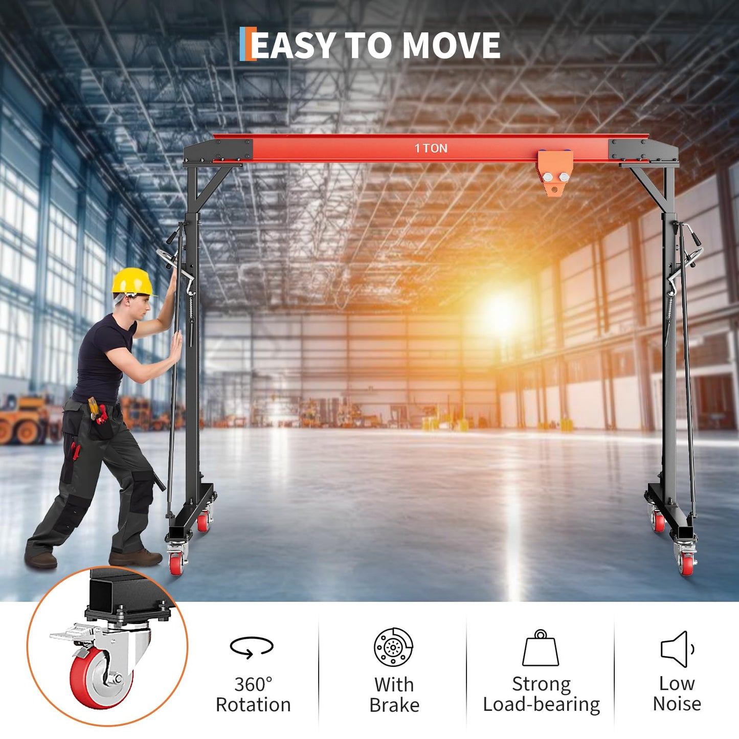 2200 LBS Gantry Crane with Manual Trolley, 1 Ton Gantry Crane with 8-12 FT Adjustable Height, Shop Crane Lift Hoist for Warehouse, Factory(with Hooks, Shackles)