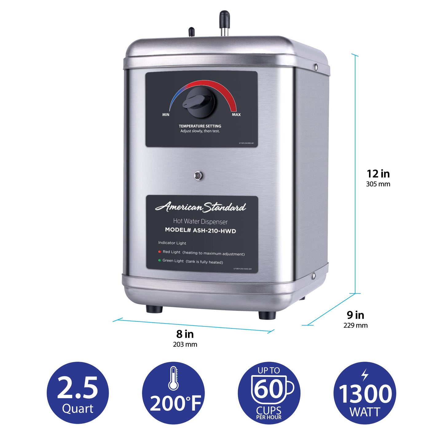 American Standard ASH-210 Hot Water Dispenser, Includes Polished Chrome Single Handle Faucet 1300 Watts, 110v