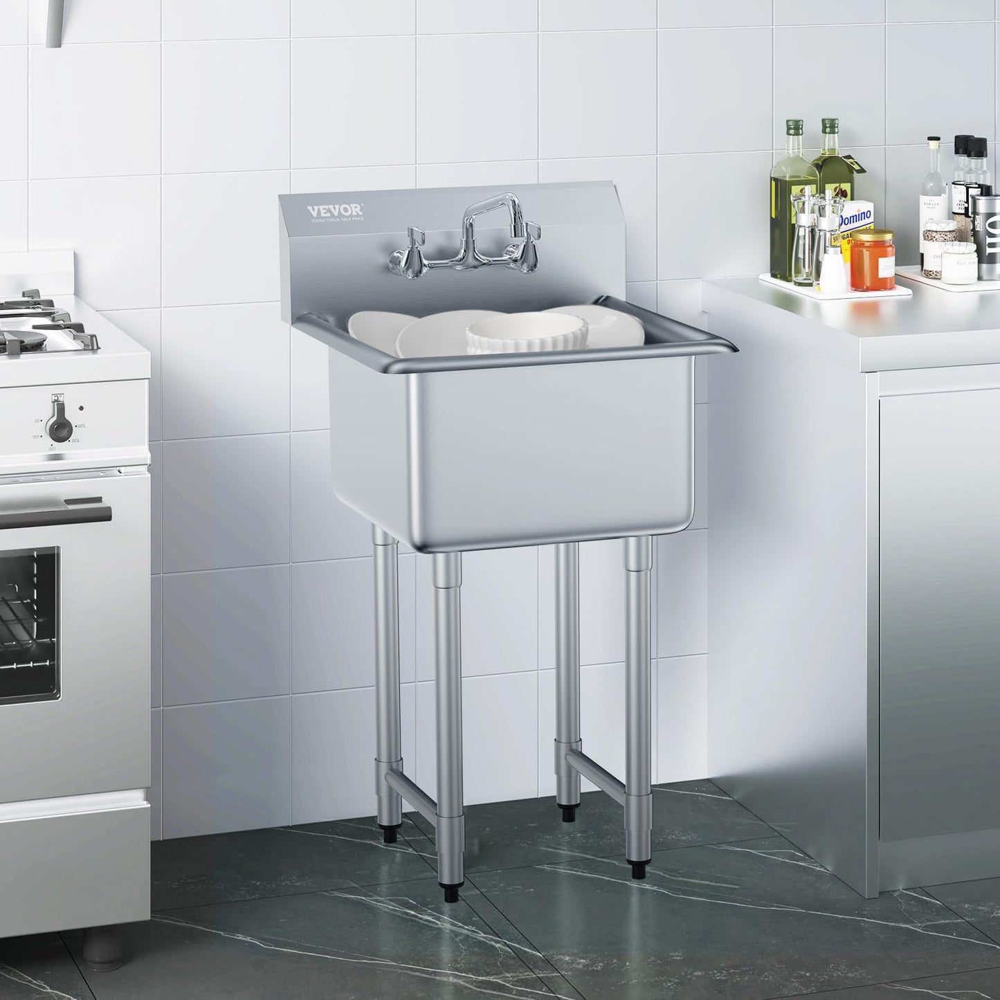VEVOR Stainless Steel Prep & Utility Sink, 1 Compartment Free Standing Small Sink Include Faucet & legs, 21"x18" Commercial Single Bowl Sinks for Garage, Restaurant, Kitchen, Laundry