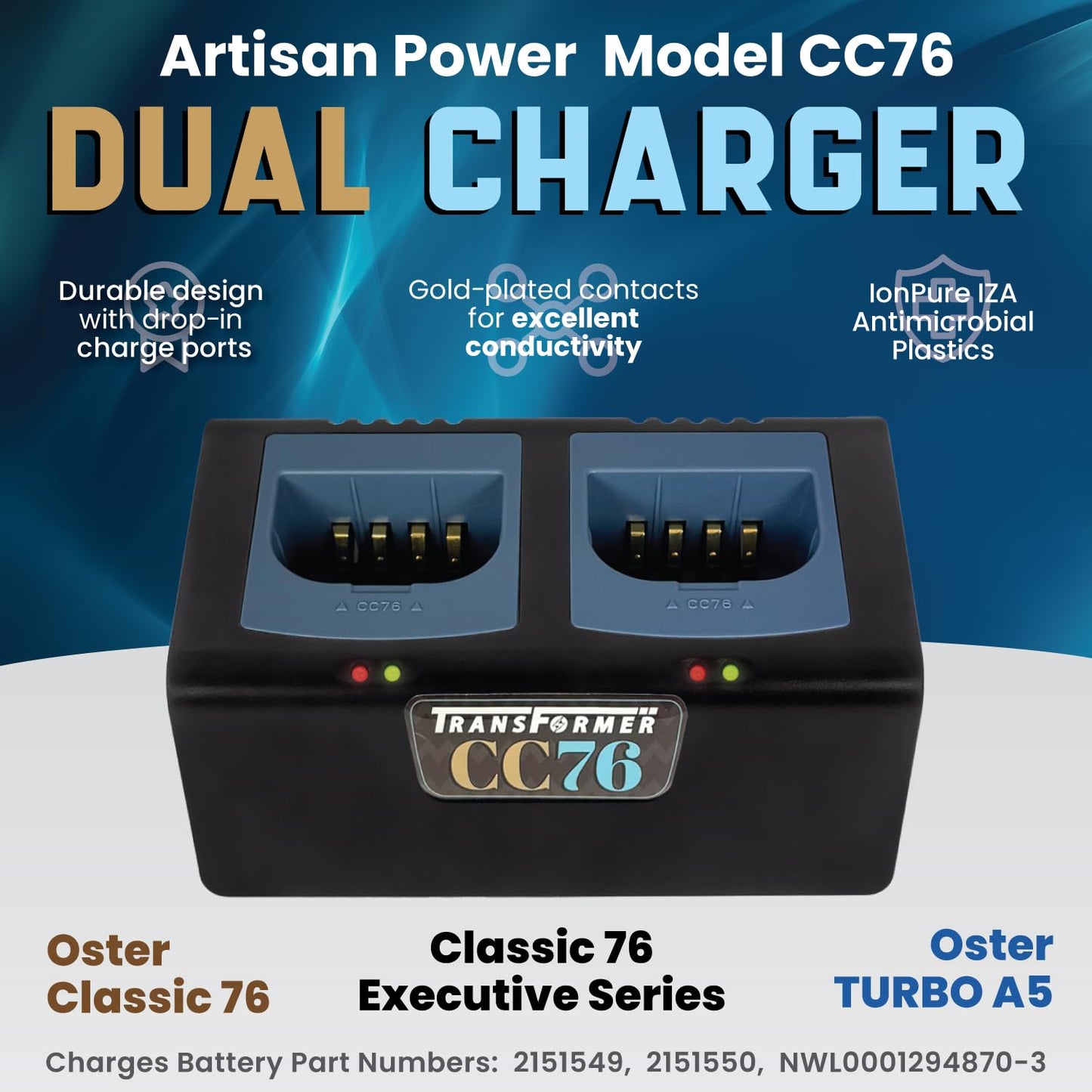 Artisan Power CC76 Battery Charger for Two Oster Classic 76, Turbo A5, and Model 97 Clipper Batteries (2151549, 2151550, 1294870-2) Durable Connectors, LEDs Status and PD Type C Power Supply