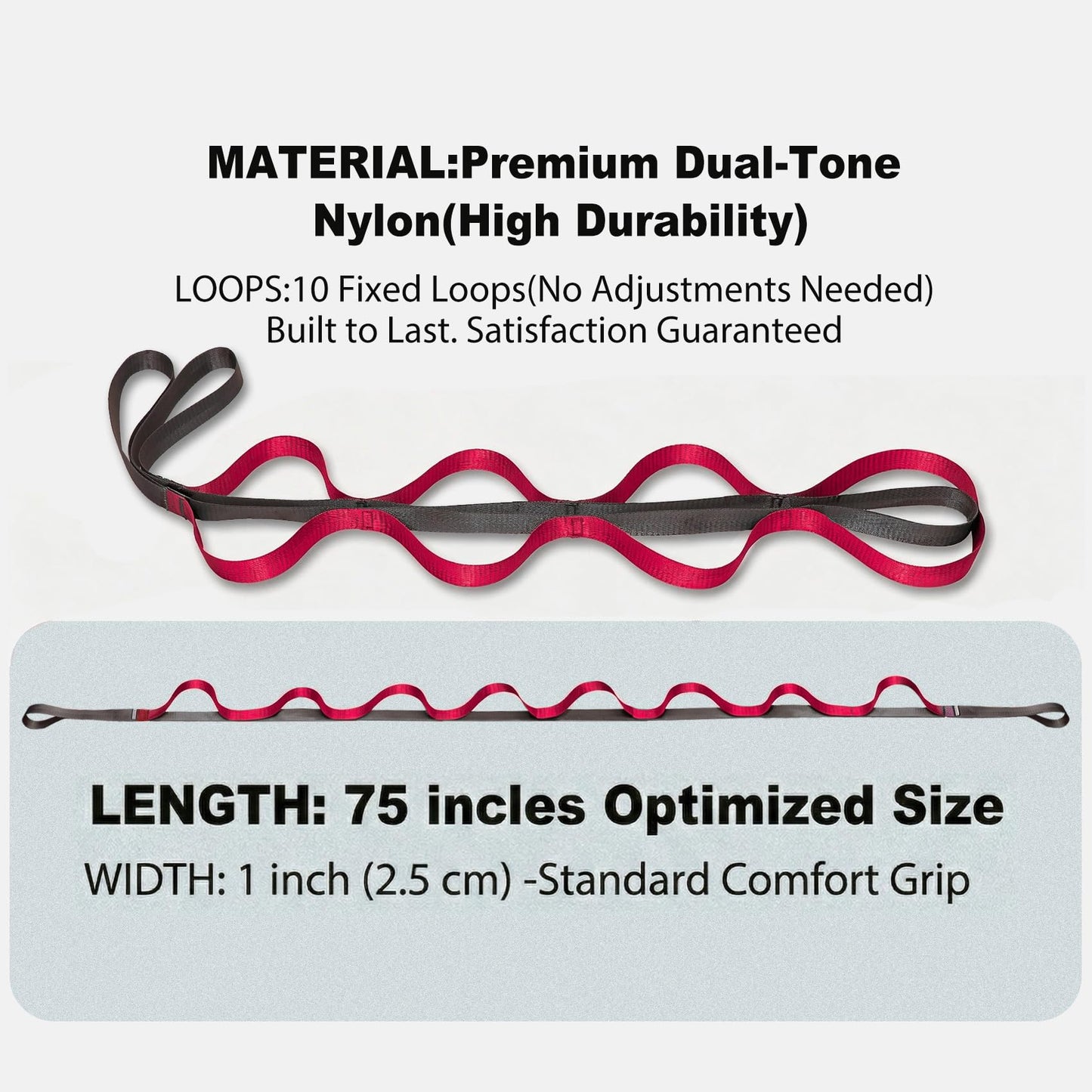 Acozycoo Stretching Strap with 10 Loops – Non-Elastic Yoga Strap for Physical Therapy, Knee Replacement Recovery & Plantar Fasciitis – Leg Stretcher Band for Flexibility & Hamstring Rehab（Red)