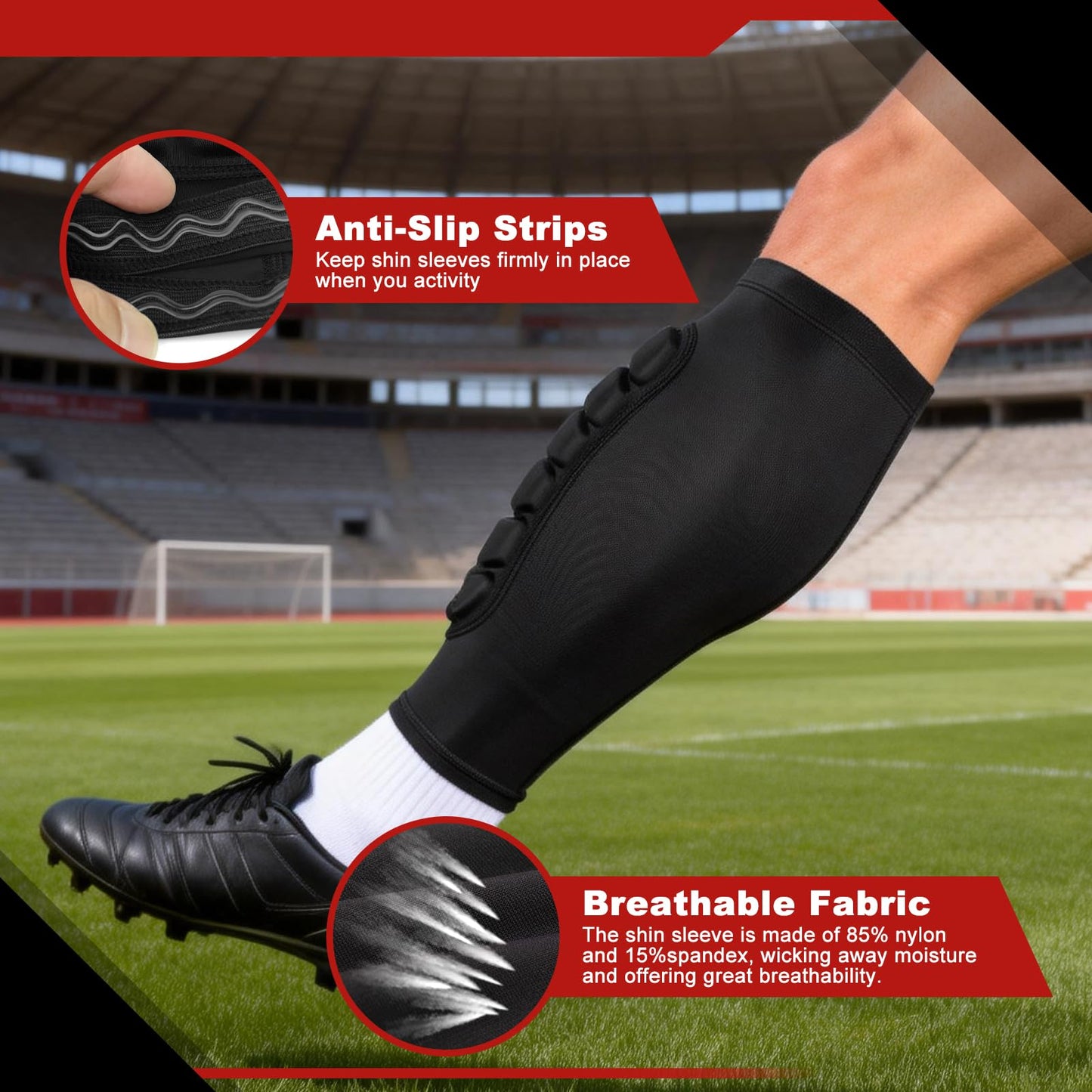 Soccer Shin Guards with Integrated Padding, Ski Shin Guards Sleeves for Kids Youth Adults, Lightweight Compression Calf Sleeves Protective Gear for Multi-Sport (2, Black_2 Pcs, Large)