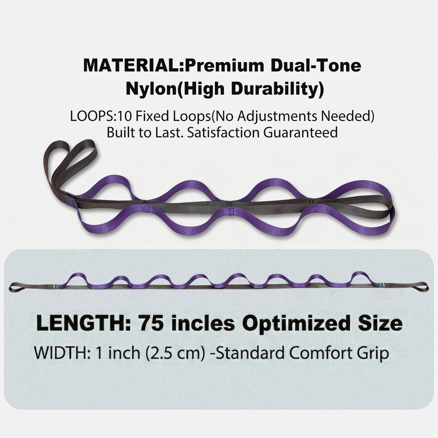 Acozycoo Stretching Strap with 10 Loops – Non-Elastic Yoga Strap for Physical Therapy, Knee Replacement Recovery & Plantar Fasciitis – Leg Stretcher Band for Flexibility & Hamstring Rehab（Purple)