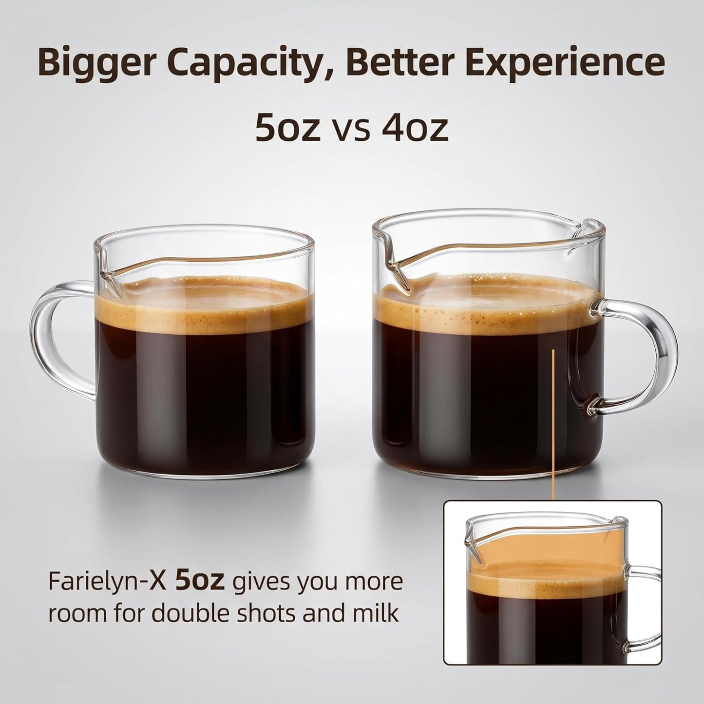 Skiennix Espresso Cups Set of 2 - Double Spout Clear Glass Shot Glasses with Handle | Perfect for Coffee & Desserts