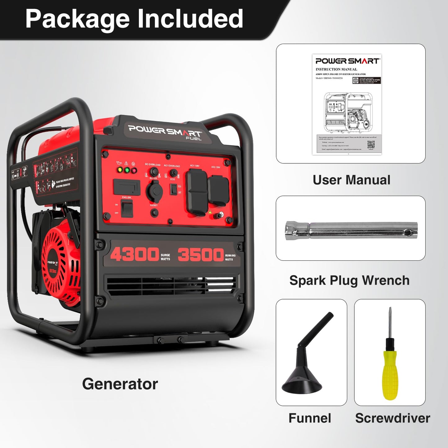 PowerSmart 4300W Portable Inverter Generator, 3500W Rated, 223cc 4-Stroke Gas Powered Engine, Pure Sine Wave for Sensitive Electronics, RV Ready with 30A Outlet, Home Backup, Camping, Emergency