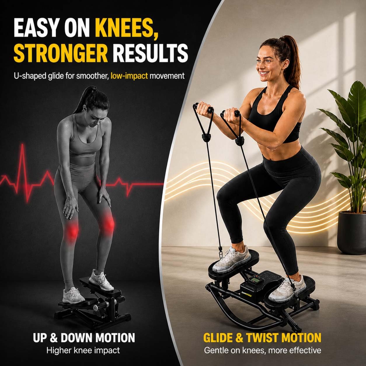 Rocking Stepper for Home Workout – 3D Motion Stair Stepper with Resistance Bands, Full Body Cardio and Strength Training Equipment, 150kg Load Capacity Exercise Machine