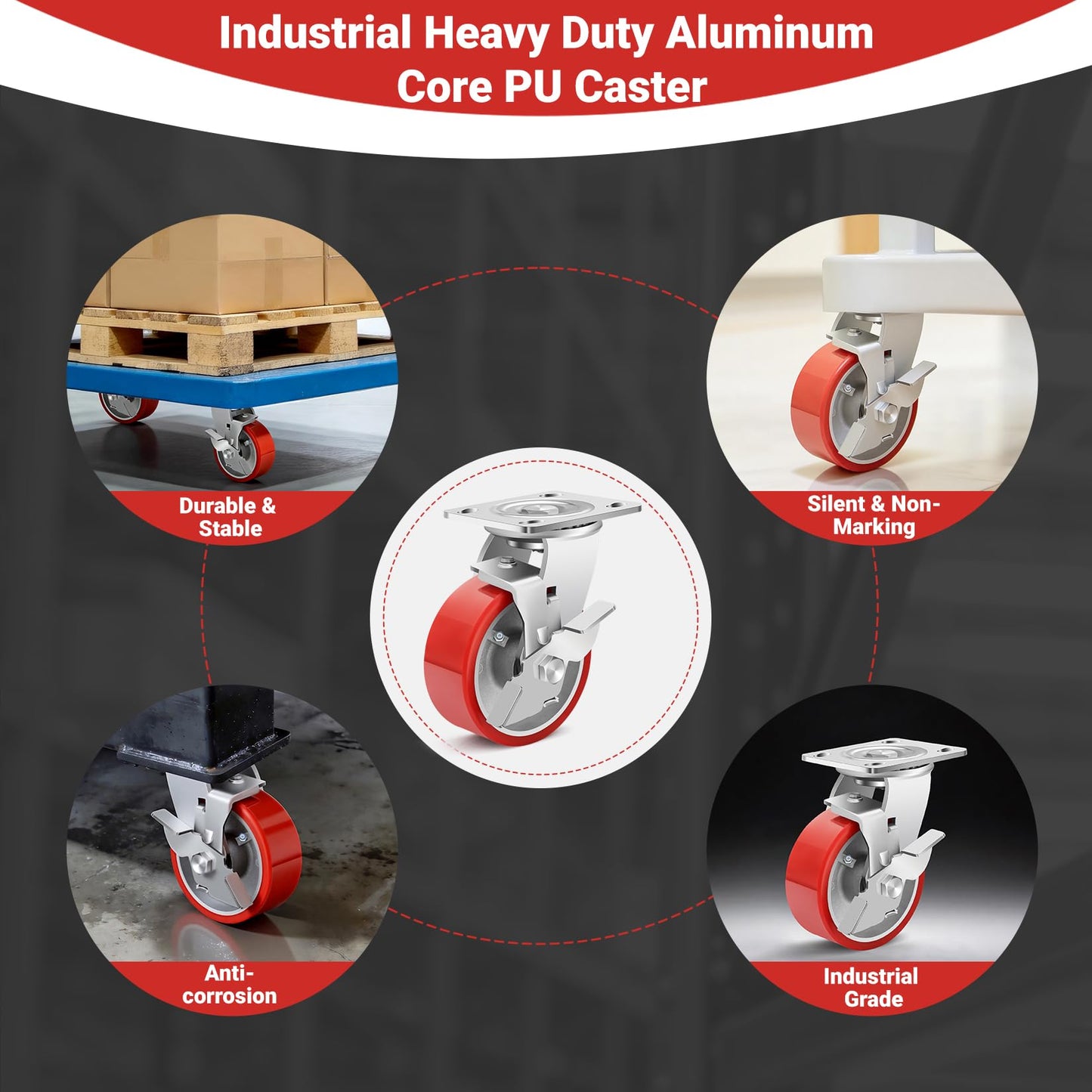 Nefish 5 Inch Industrial Grade Casters Wheels, Heavy Duty Aluminum Core PU Castor Set of 4, Durable Plate Swivel Casters with Brake 4000 LBS, Anti-Corrosion Wheels for Industrial, Equipment