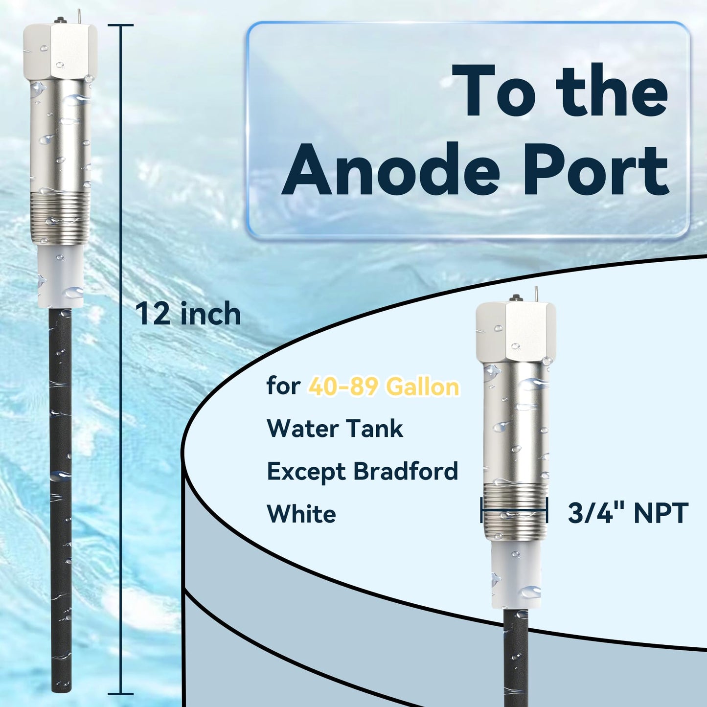 Powered Anode Rod, for 40-89 Gallon Water Tank Except Bradford White, Titanium Electrical Anode Rod for Water Heater, Prevent Inner Tank Corrosion and Stop Leaks, Reduce Sediment Buildup and Scale