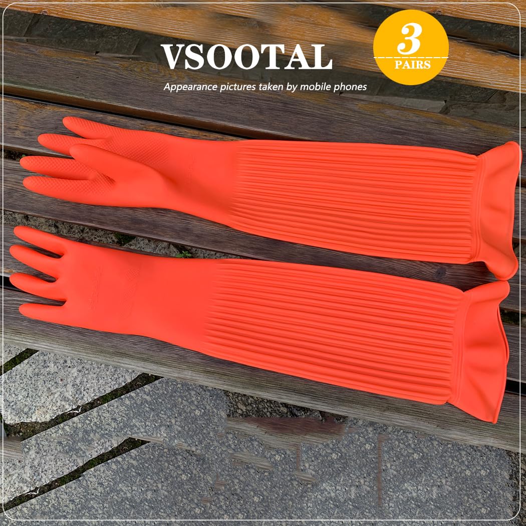 Vsootal 3 Pairs Household Extra Long Kitchen Gloves for Washing Dishes，20.05inches Rubber Cleaning Gloves，Reusable Latex Living Wash Gloves，Long Sleeves(Large, Red)