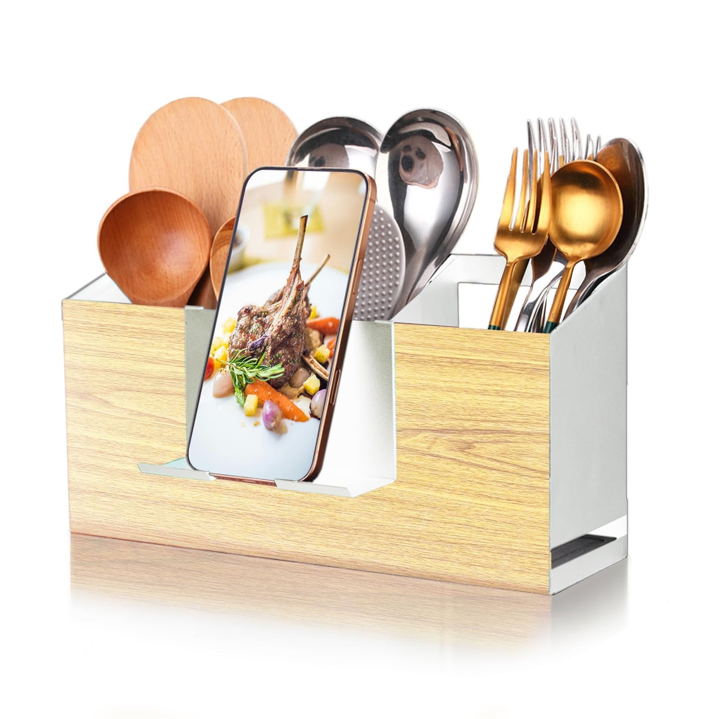 UPODA Utensil Holder Large Iron Flatware Container with 3 Compartments Countertop Wall-mounted Kitchen Utensil Storage (White)