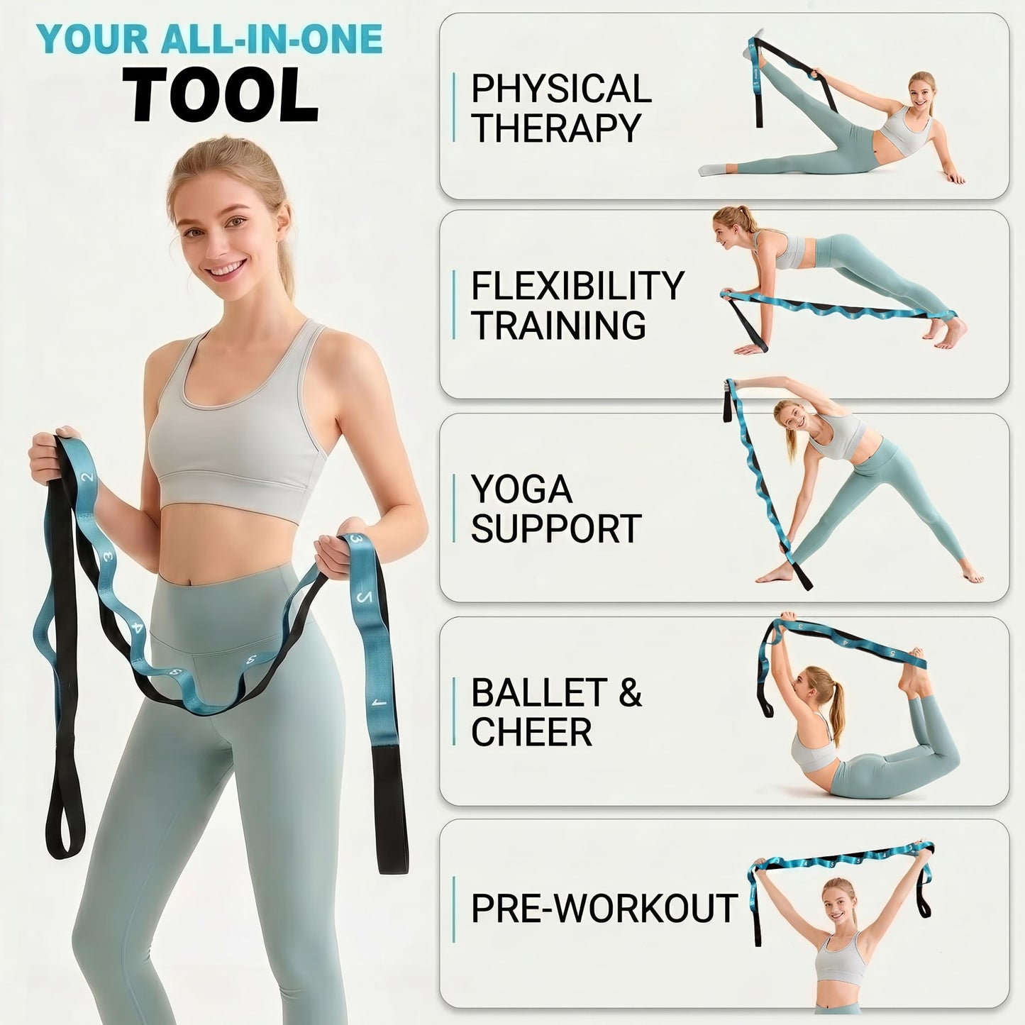 Acozycoo Stretching Strap with Loops for Physical Therapy,Yoga Strap for Stretching,Home Workout,Pilate & Flexibility Training,Non-Elastic Exercise Stretch Band for Hamstring,Leg Stretcher Belt,Flexibility Fascia (Blue)