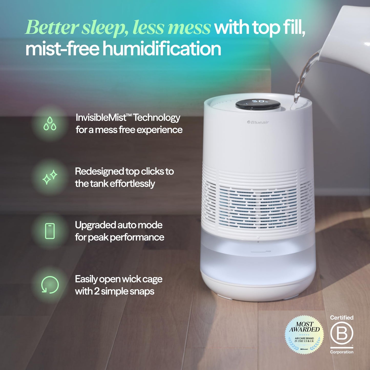 BLUEAIR Premium Smart Humidifier for Large Rooms, Bedrooms, Better Sleep with Evaporative Invisible Mist Tech, Auto Humidify, Easy Top Fill, Smart Control with App, Touchscreen, 3.5L Tank for 48 hours