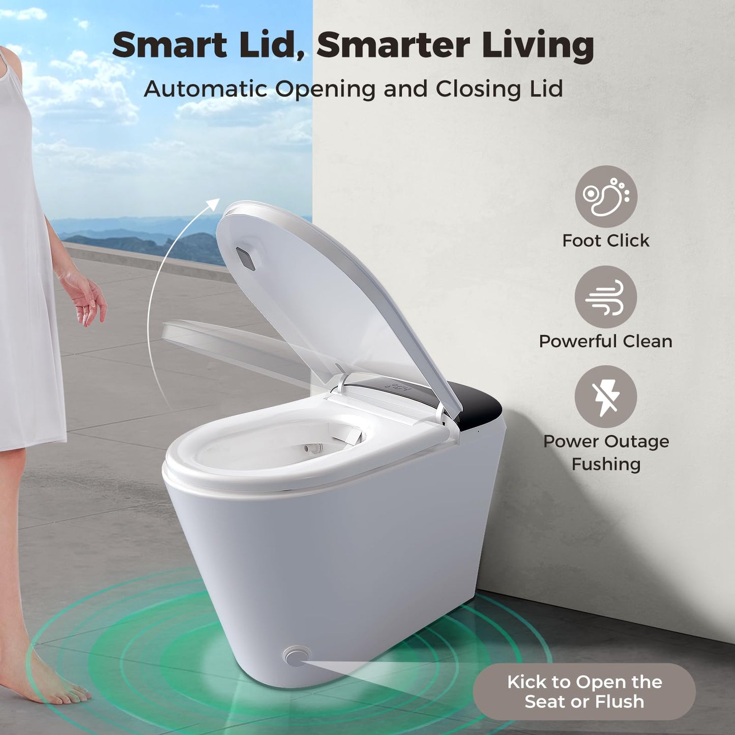 Bazyths Smart Compact Toilet for Small Bathroom, 23" Depth Shallow Toilet with Foam Shield Auto Open/Close Lid, 12" Rough In, Built-in Tank, Heated Seat Foot Sensor Flush One-Piece (ZY695A Mini)