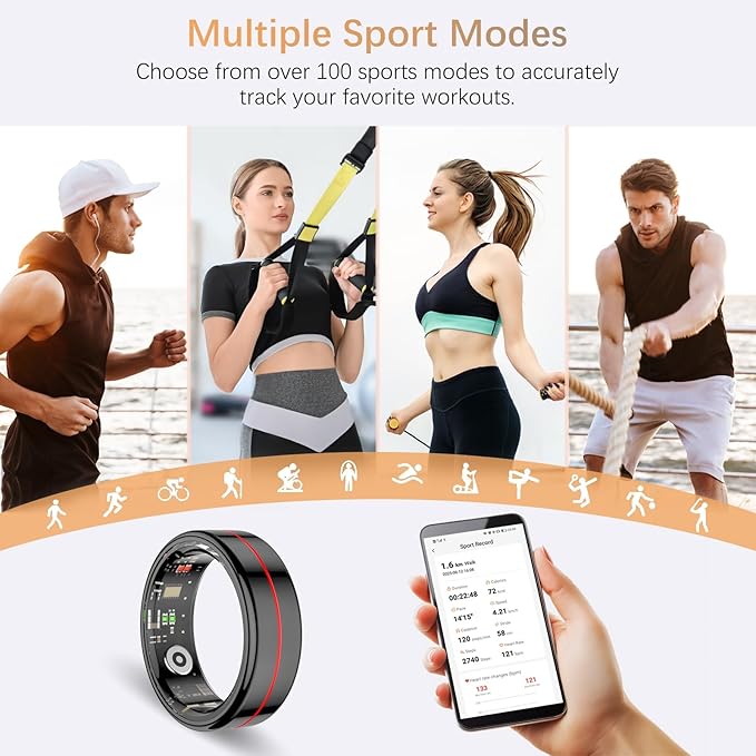 Fit Ring, Smart Health Rings for Women Men with Heart Rate,Blood Oxygen,HRV,Stress Level, Sleep Monitor, Step Tracker, No Subscription Fee, IP68 Waterproof Smart Ring for iphone &Android (Black, 12#)