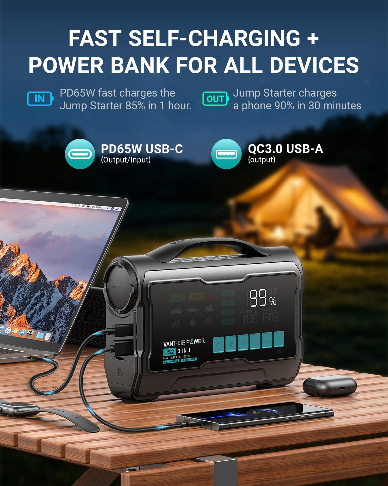 VANTRUE POWER JS3 Real 3250A Jump Starter with Air Compressor 160PSI, 12V Car Battery Booster with 9" Large Display, Jump Box with Light, 65W Fast Charging Power Bank, 8.0L Gas/3.8L Diesel Engines