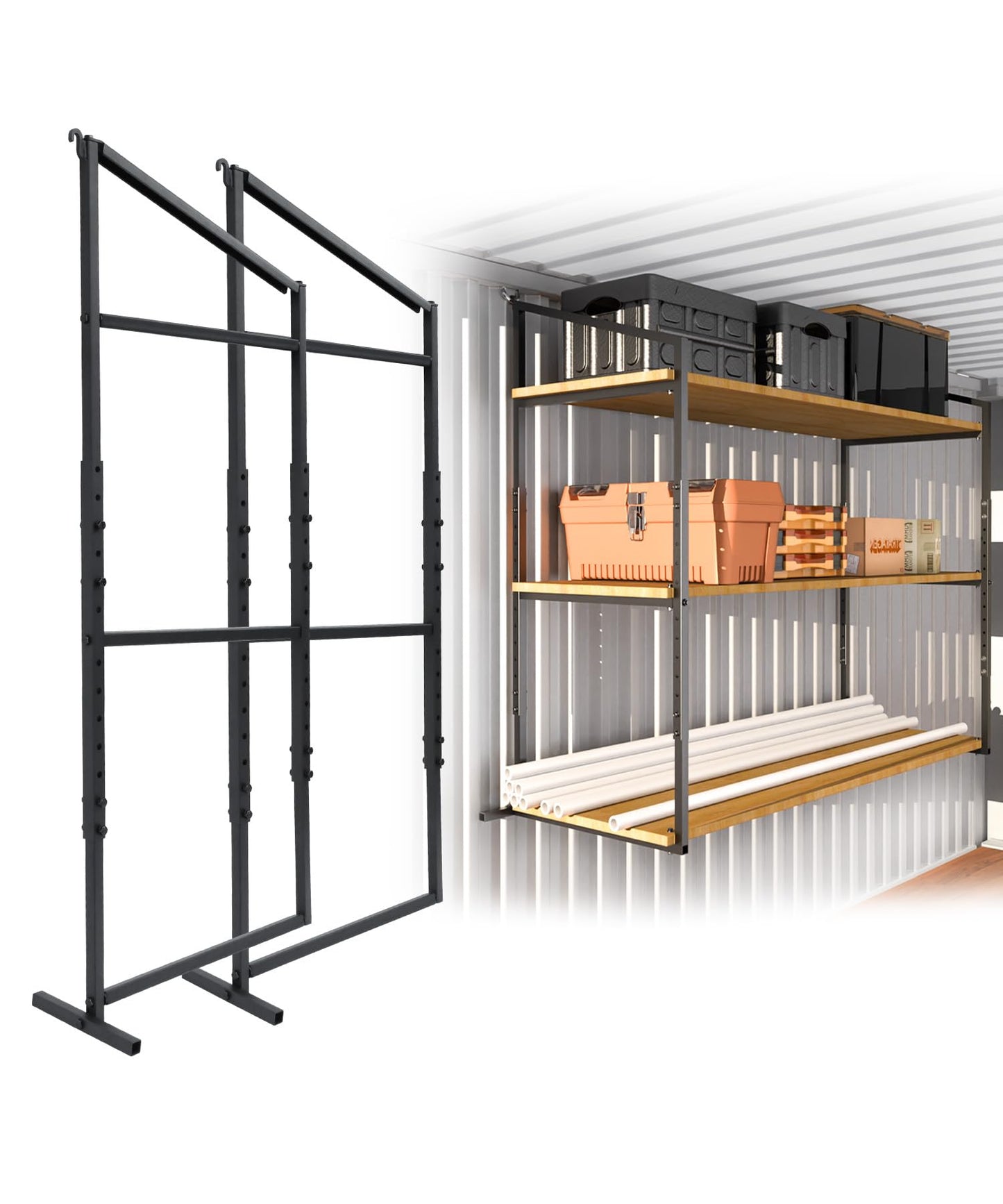 Autoholic Shipping Container Shelving Rack Steel Container Hanging Shelf Bracket Height Adjustable Fit for 12in 24in Lumber Black Efficient Storage Space No-Drill Installation