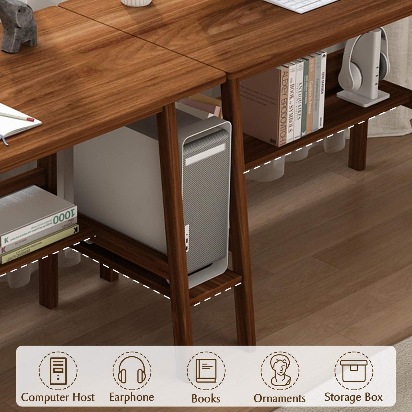 NELYE 2-Person Writing Desk with Bookshelf - 110" Wooden Extra Long Home Office Work Table, Double Study Computer Workstation with Storage Shelves in Walnut, 110" W x 24" D