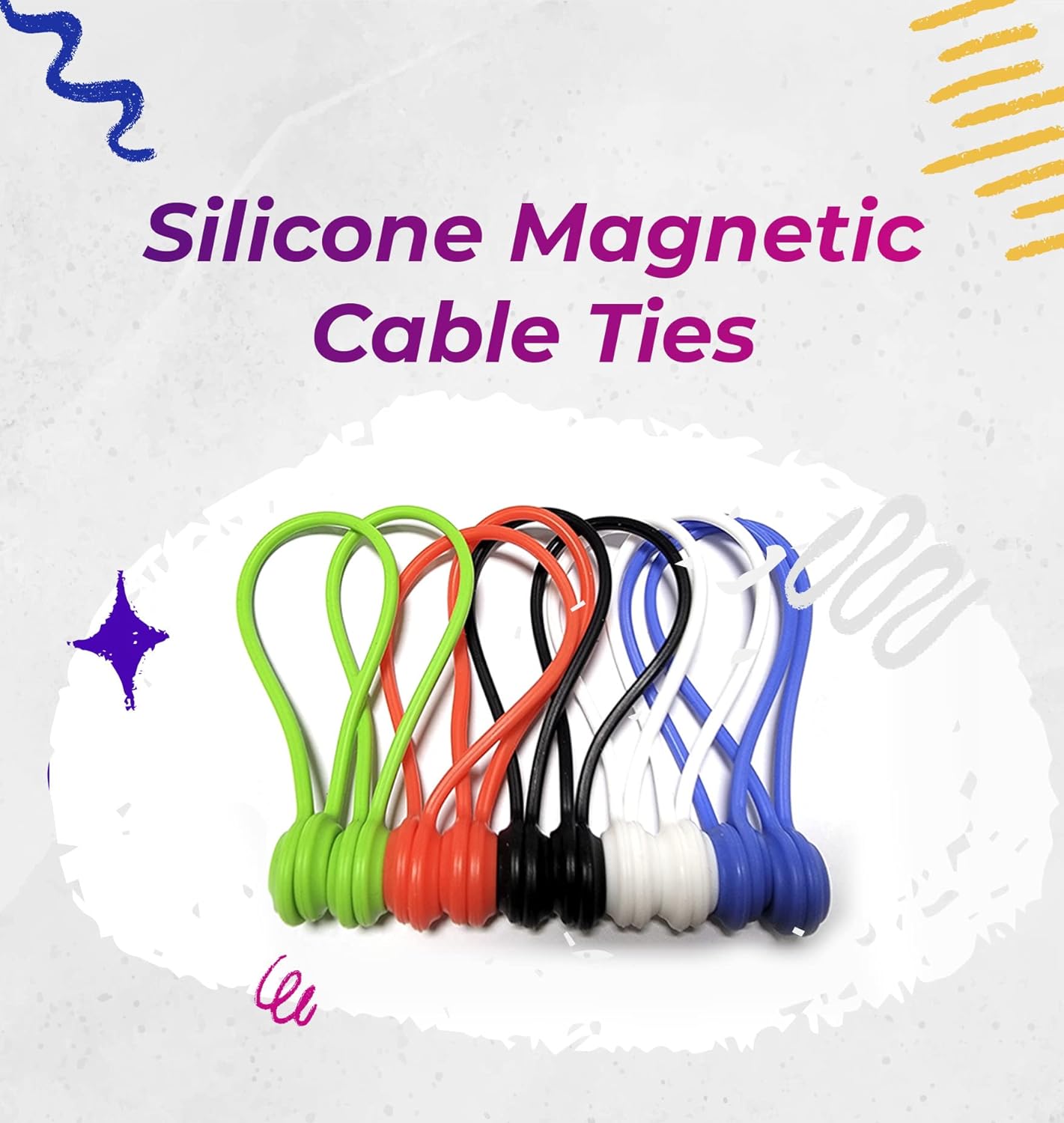 LORDTRONICS 20 Pack 10 Reusable Silicone Magnetic Cable Ties Twist Ties for Home/Office Cord Wrap, Cable Organizer