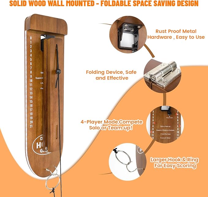 Ring Toss Game, Man Cave Decor, Solid Wood Wall Mounted Hook and Ring Game with Adjustable Rings & LED Lights, Ring Swing Game,Outdoor Games,Yard Games