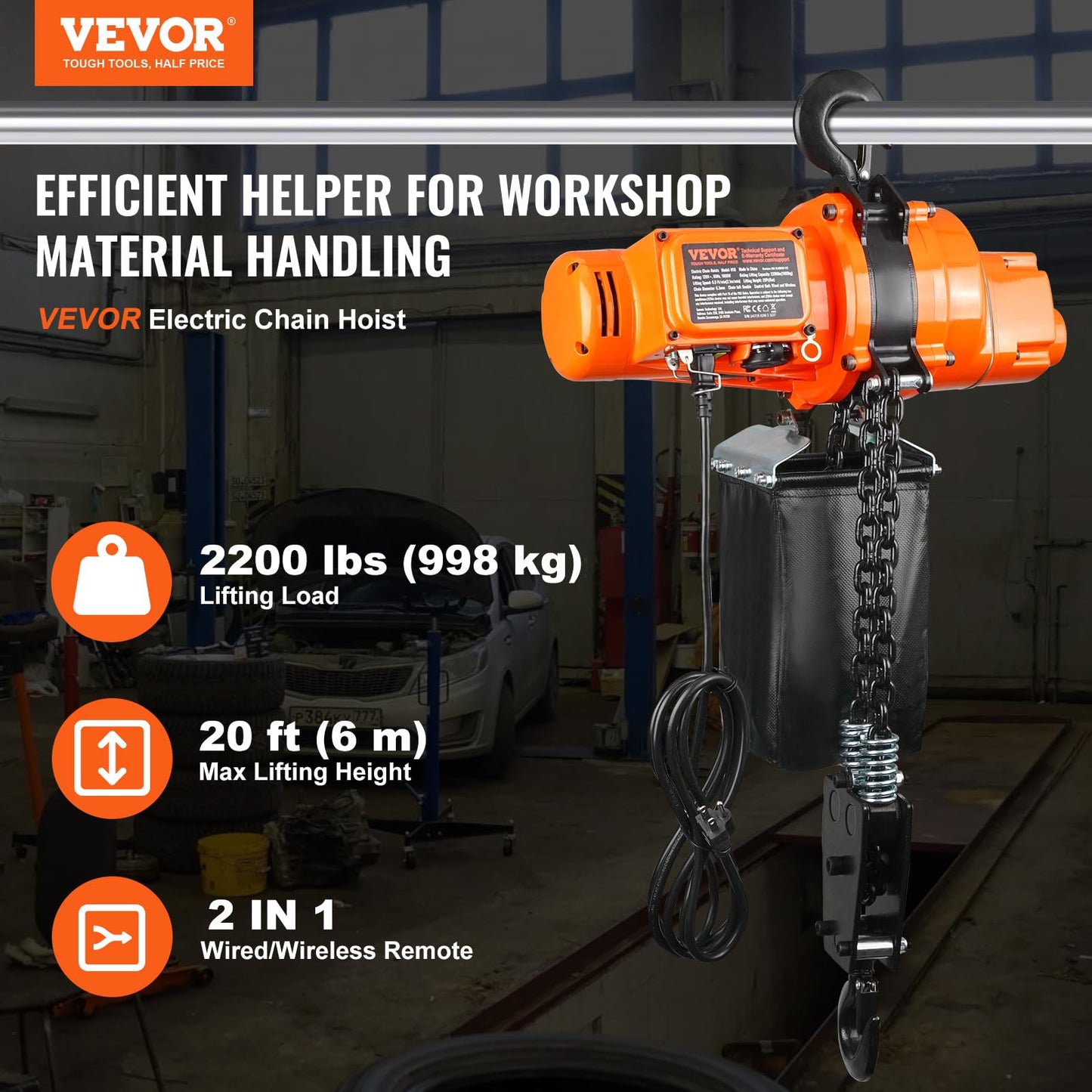 VEVOR Electric Chain Hoist, 2200 lbs Load, 20 ft Lifting Height, 120V, Single Phase Overhead Crane with Chain, 328 ft Wireless & 15 ft Wired Remote Control for Garage, Shop, and Home