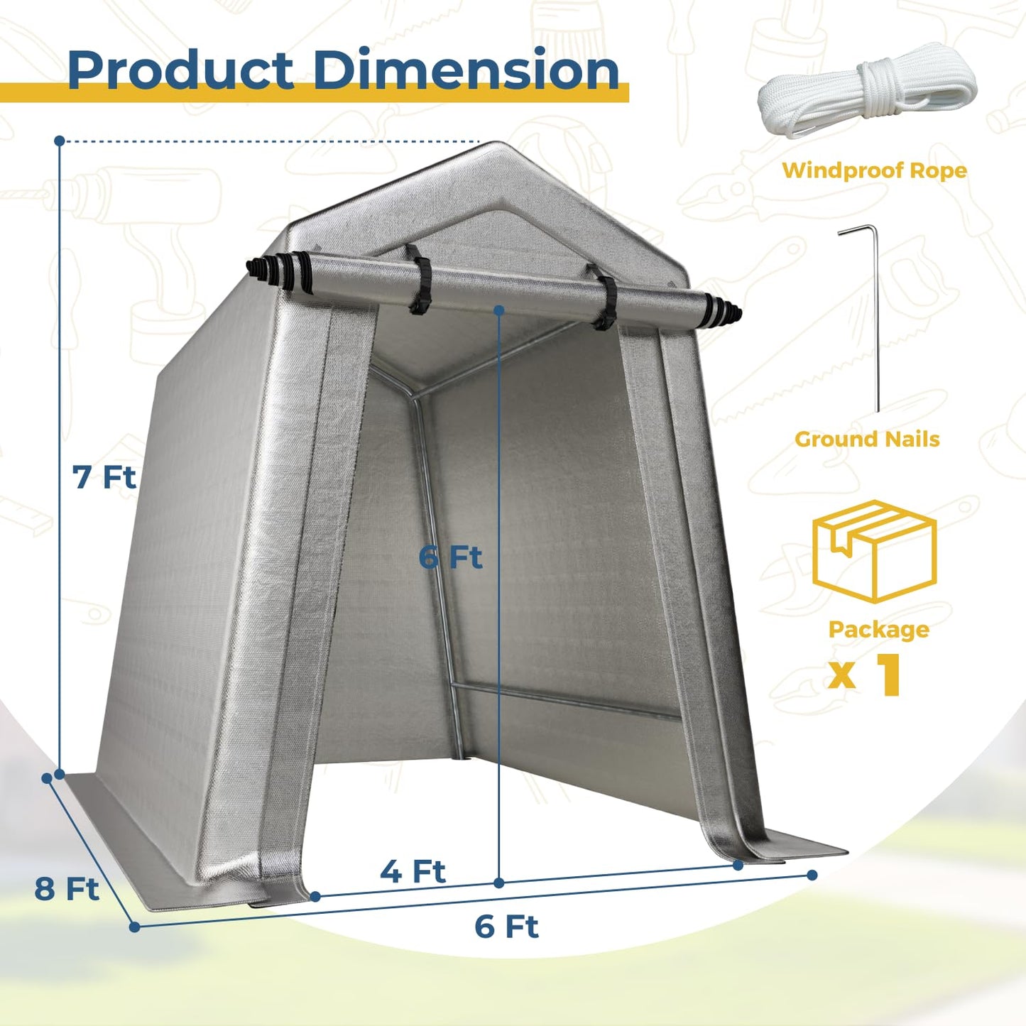 LINKHOO 6 x 8 FT Carport, Portable Shed w/220G Heavy Duty Waterproof PE Tarp, Roll-up Zipper Door & Vent, Weather-Resistant Storage Shed for Motorcycle, Bike and Tools, Gray