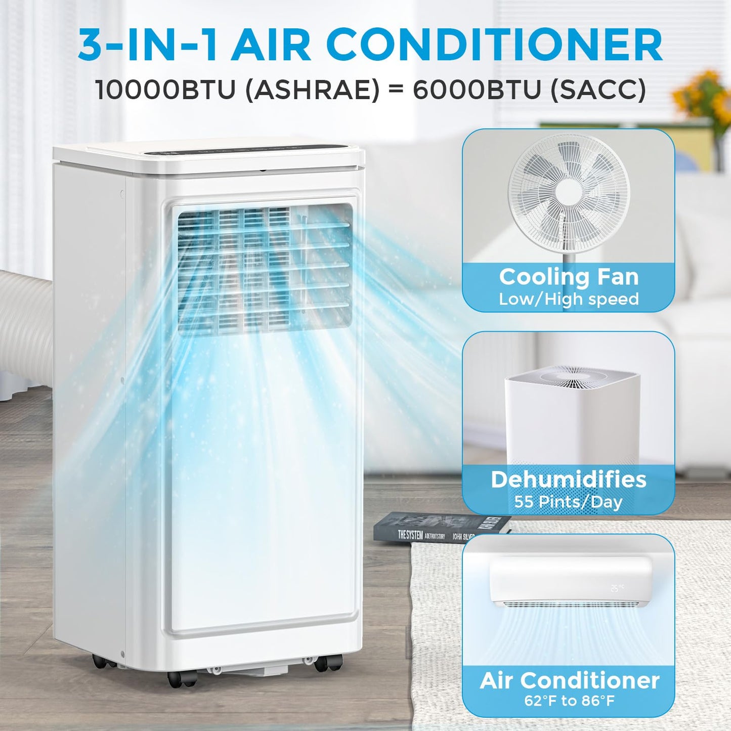 10000 BTU Portable Air Conditioners, 3-in-1 Portable AC Unit for Rooms up to 450 Sq.Ft, Mini Air Conditioner for Bedroom with Cooling, Dehumidifier & Fan Mode, 24H Timer, Sleep Mode