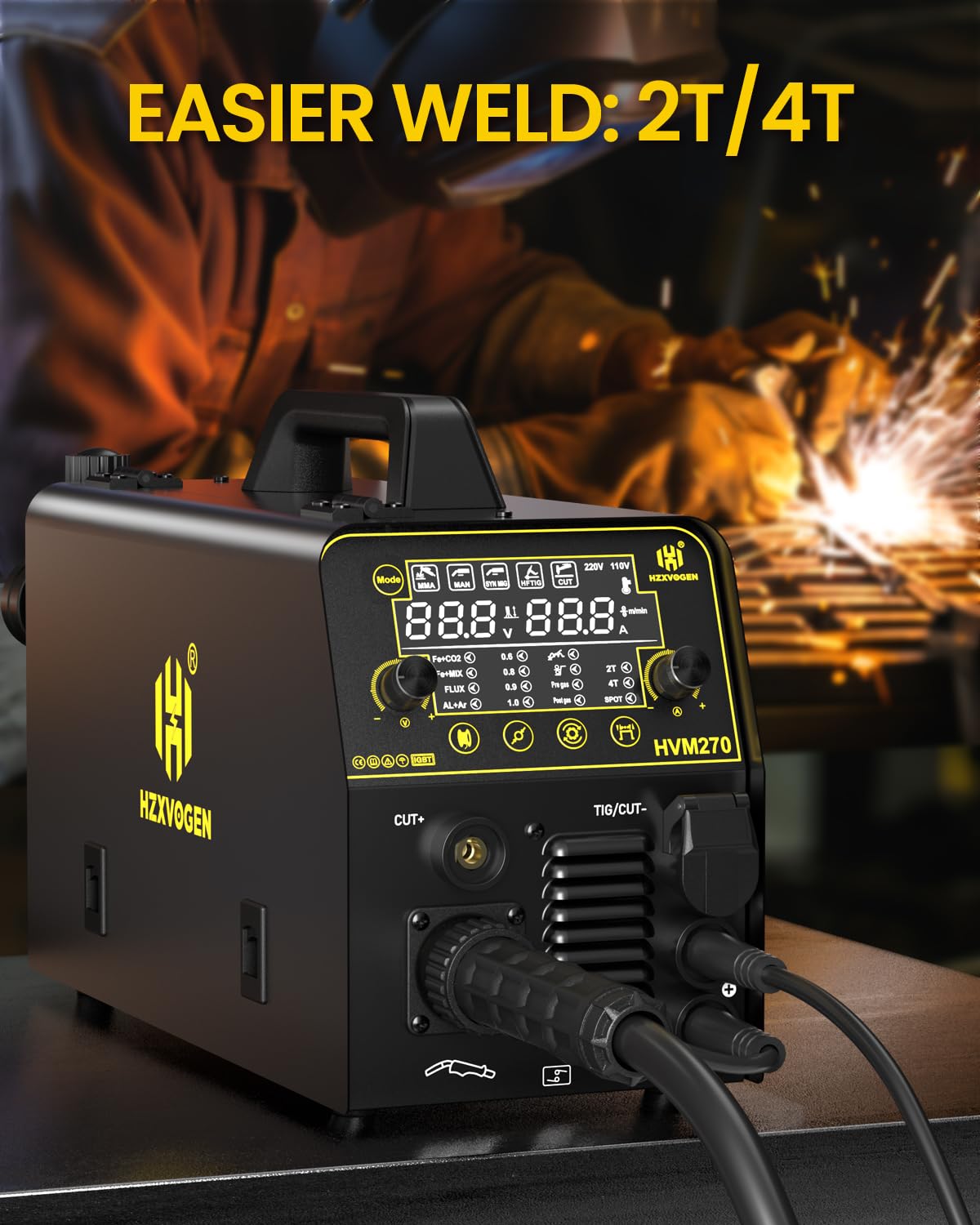 H HZXVOGEN 200A Plasma Cutter Welder Combo, 7 In 1 Gas MIG/Flux Core MIG/Pulse MIG/HF TIG/Stick/Cut/Spot, 110/220V Aluminum Welding Machine Multiprocess Welder with Synergic Mode