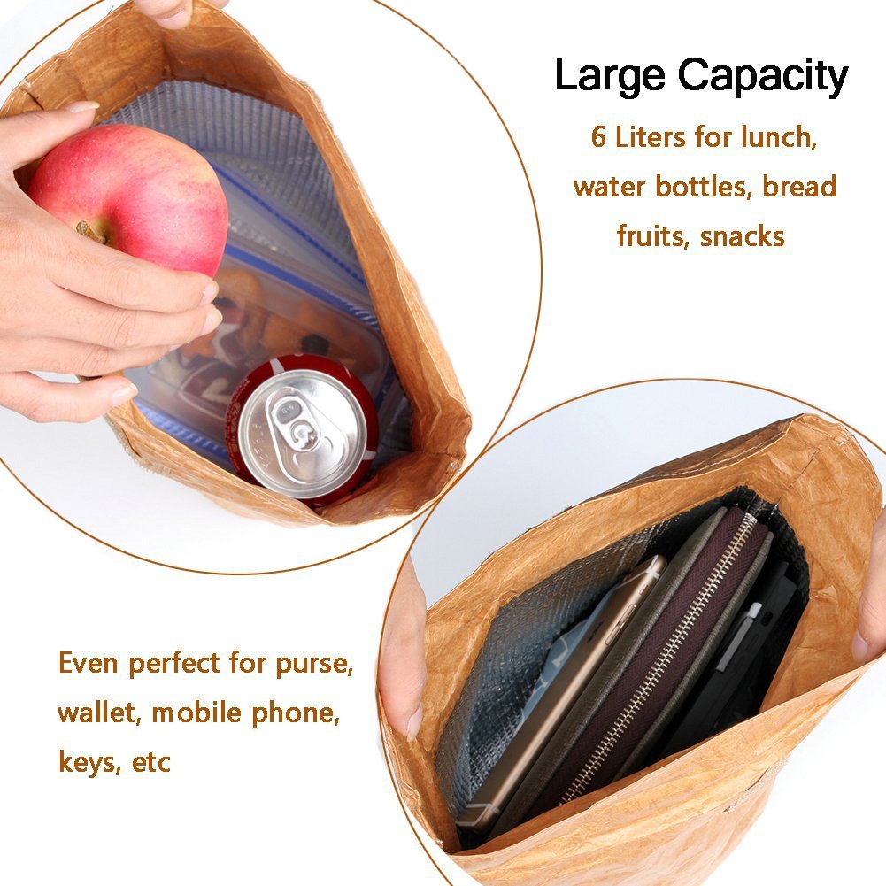 Hangnuo 2 Pack Insulated Brown Paper Lunch Bags Reusable, Retro Lunch Sacks for Adults Work Office, Brown Paper - 7.8 x 5.9 x 11.8 inches