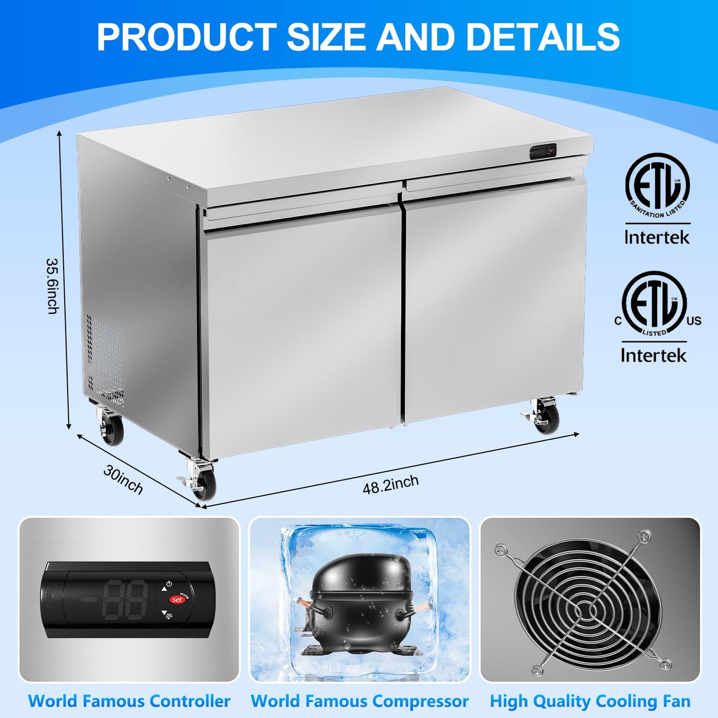 Rockitch 48" W Commercial Undercounter Freezer, 11.1 Cu.ft 2 Door Worktop Under Counter Freezer, Stainless Steel Commercial Kitchen Freezing Equipment for Restaurant, Bar, Shop, etc.