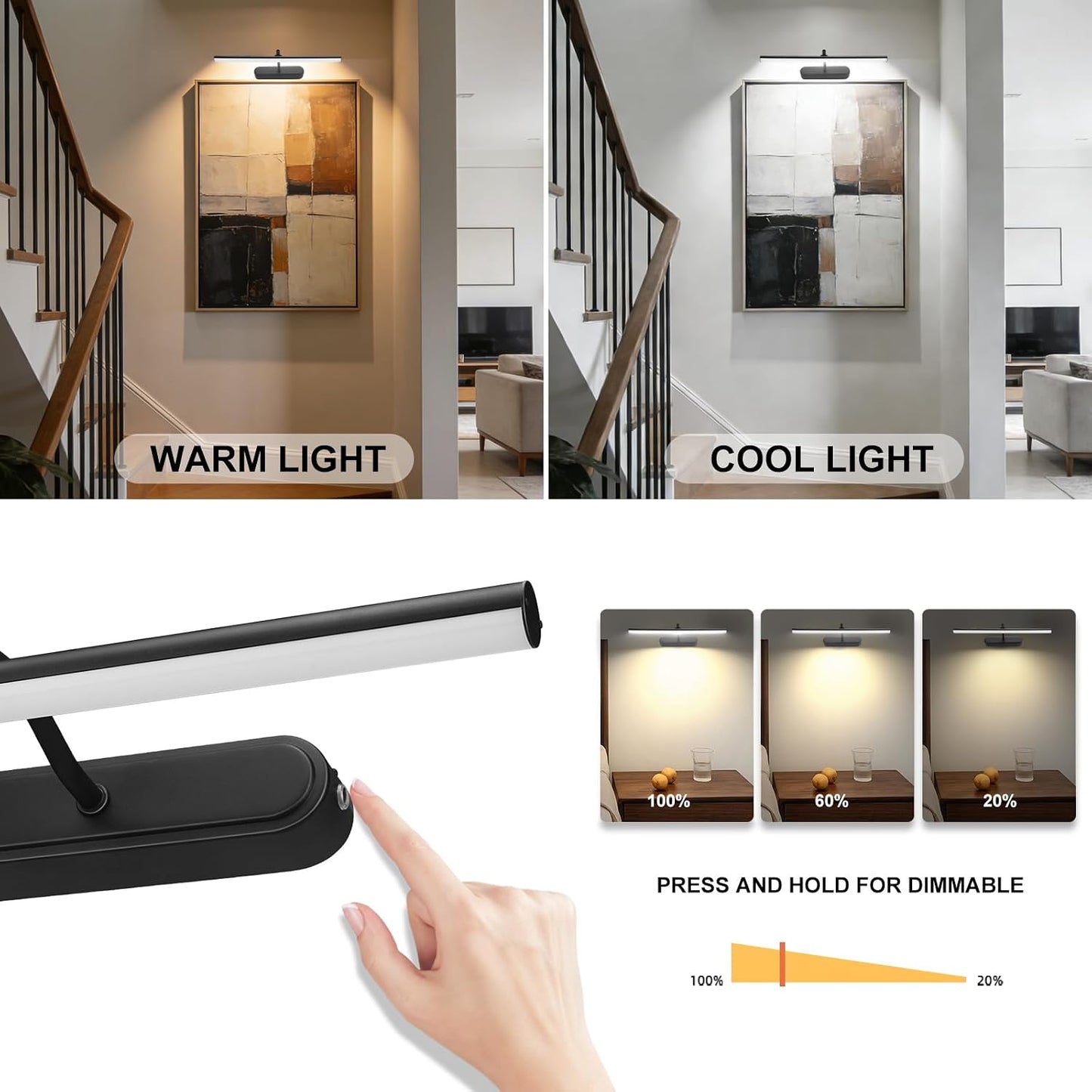 RAIFOOLLY 5000mAhBattery Dimmable 2PK Picture Light, Art Light for Paintings, Operated Wall Light, Remote Accent Light