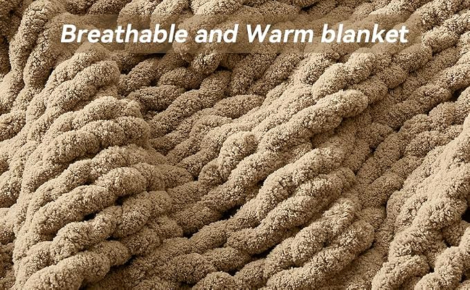 Negwoo Chunky Knit Throw Blanket, 60''*80'' Knitted Throw Chenille Yarn for Bed Couch, Handmade Light Brown Crochet Big Thick Blanket, Machine Washable Cute Comfy Blanket for Home Decor
