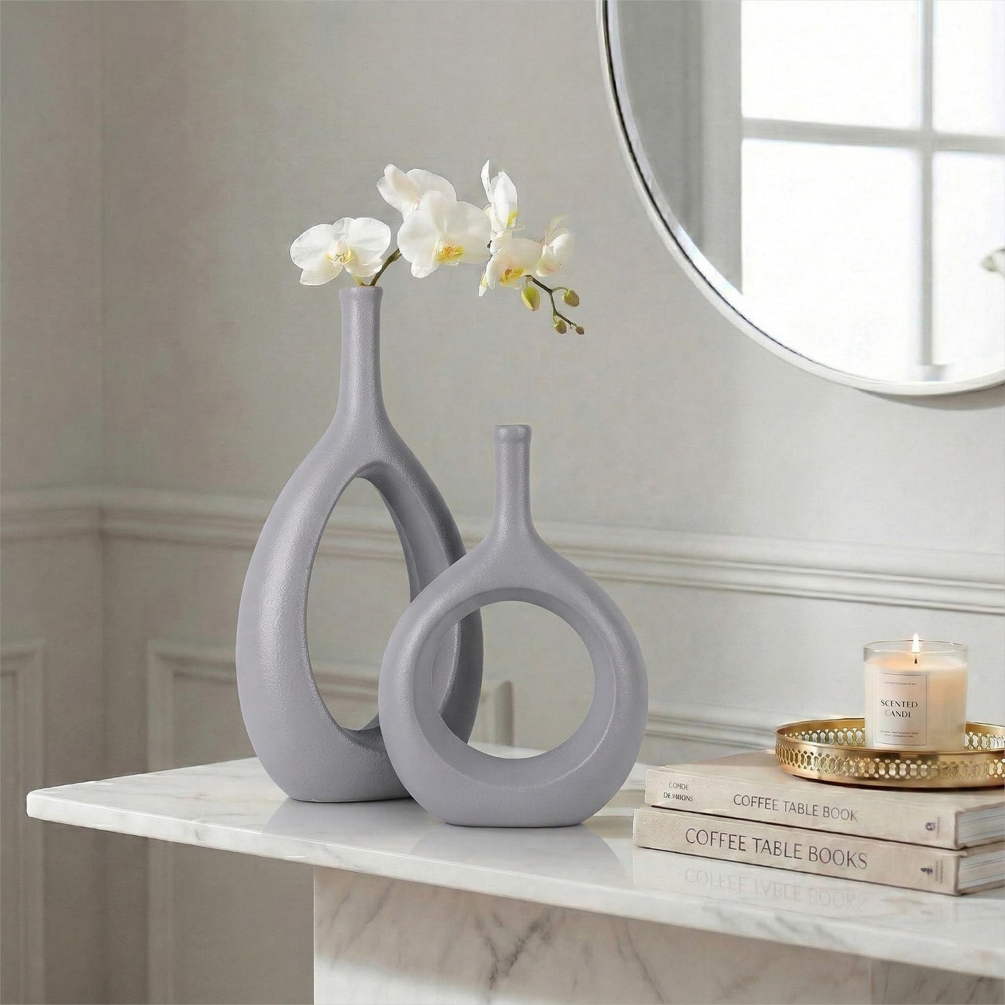 Gray Ceramic Hollow Elliptical Vase Set of 2 - Boho Circle Vase with Hole, for Modern Grey Table Decor, Living Room Decor Shelf mid Century Modern Home Entrance Decorative vase