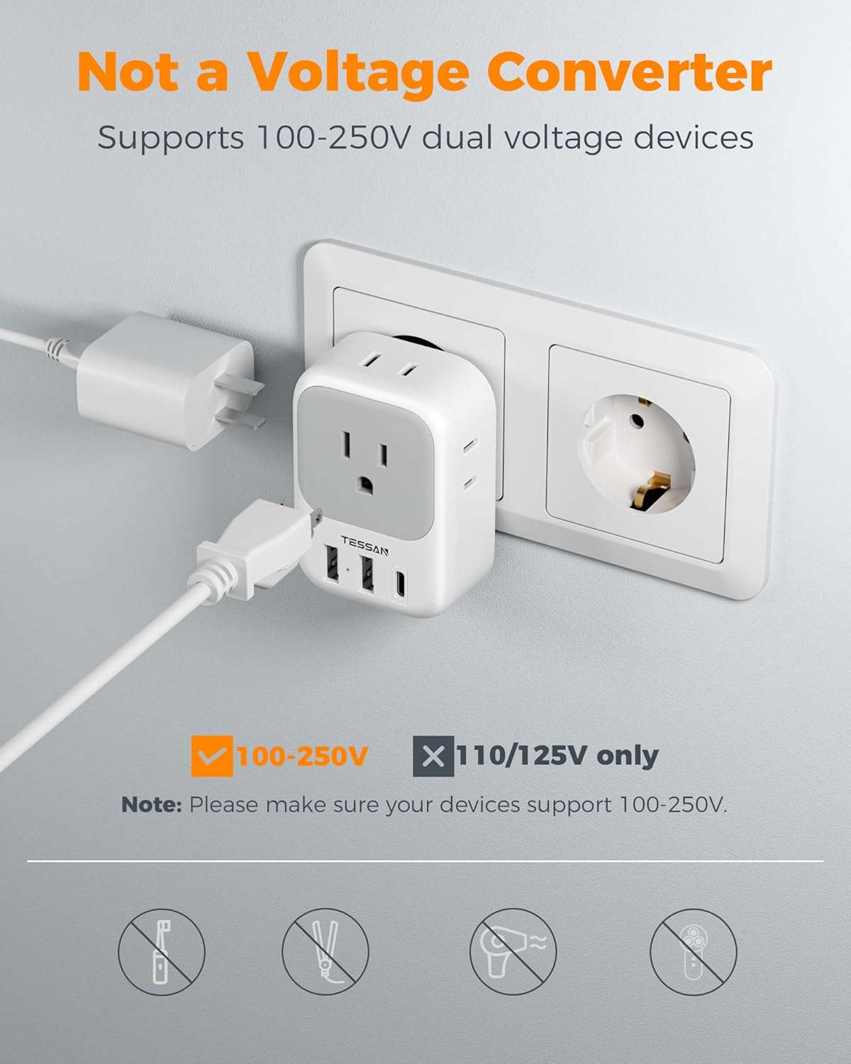 TESSAN 2 Pack 4 3 European Plug Adapter USB C, US to Europe Adapter Outlets USB Charger, Type C International Power