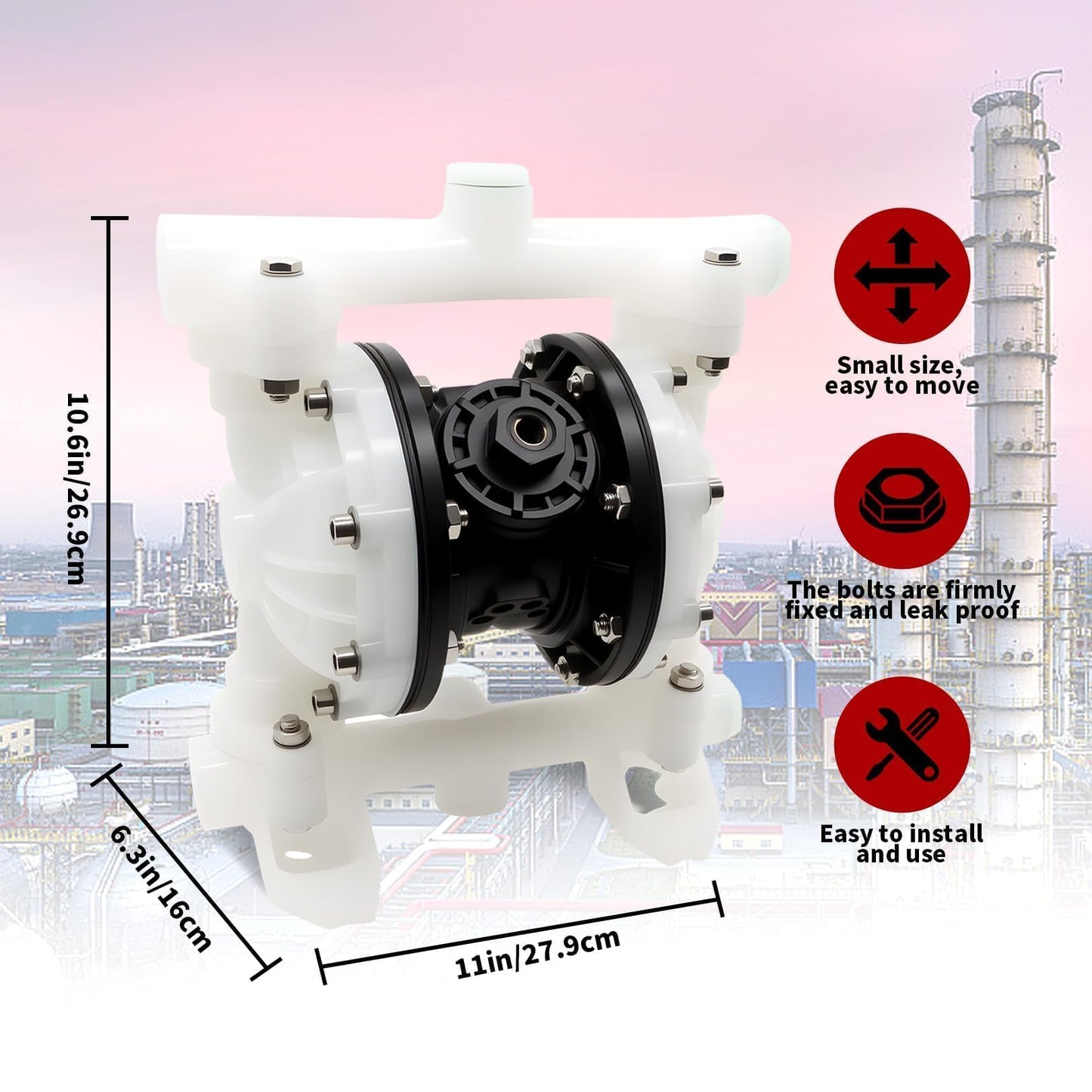 Nakkaa Pneumatic Double Diaphragm Pump PTFE 22GPM Transfer Pump 1" In/Out Max 120PSI, Used to Transport Various Low Viscosity Liquids Such as Hydraulic Fluid, diesel, coating,etc