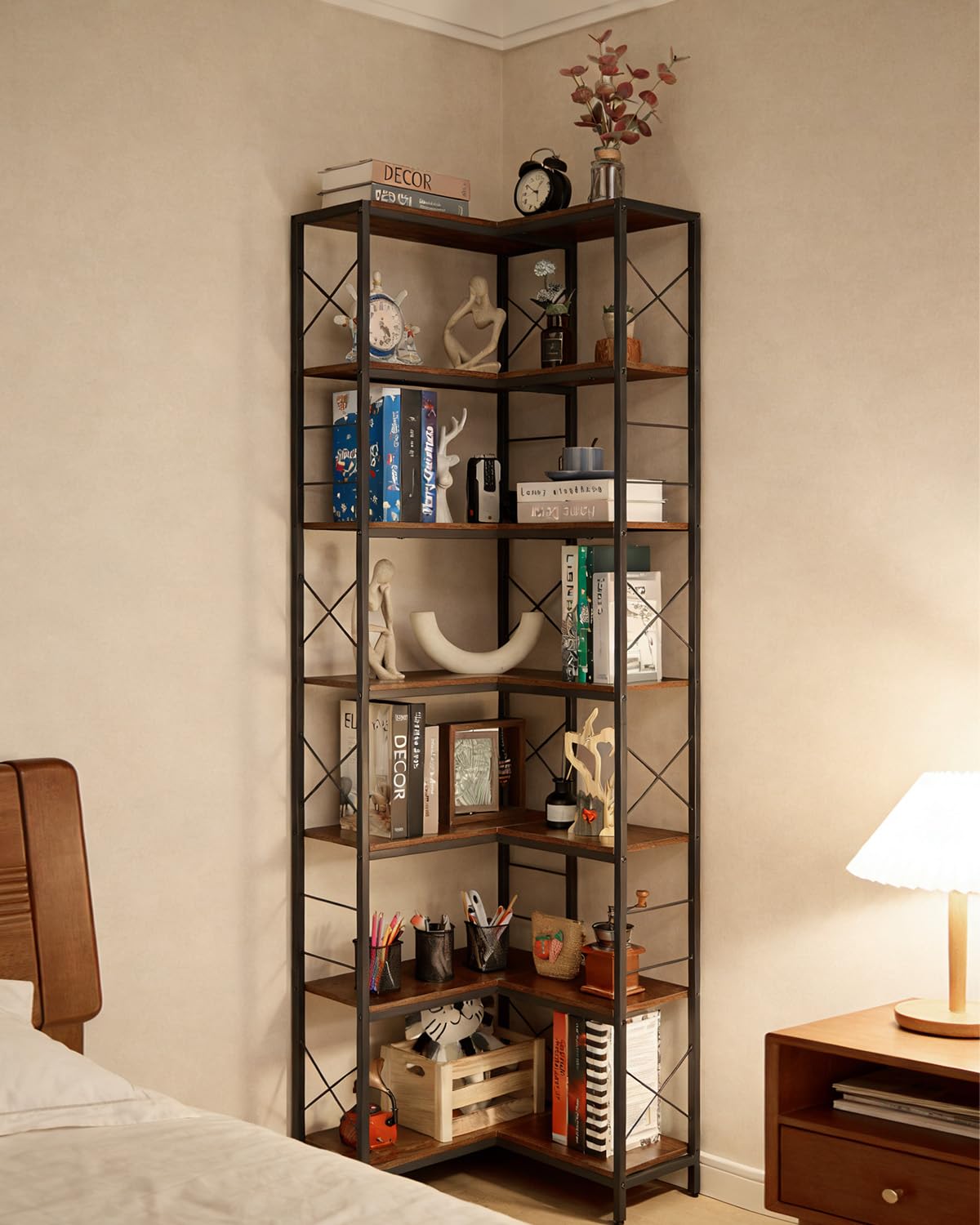 Garvee Corner Shelf, 7 Tier Industrial Corner Bookshelf, Wood and Metal Frame Large Bookcase, Freestanding Display Shelf for Living Room, Kitchen, Home Office, Rustic Brown