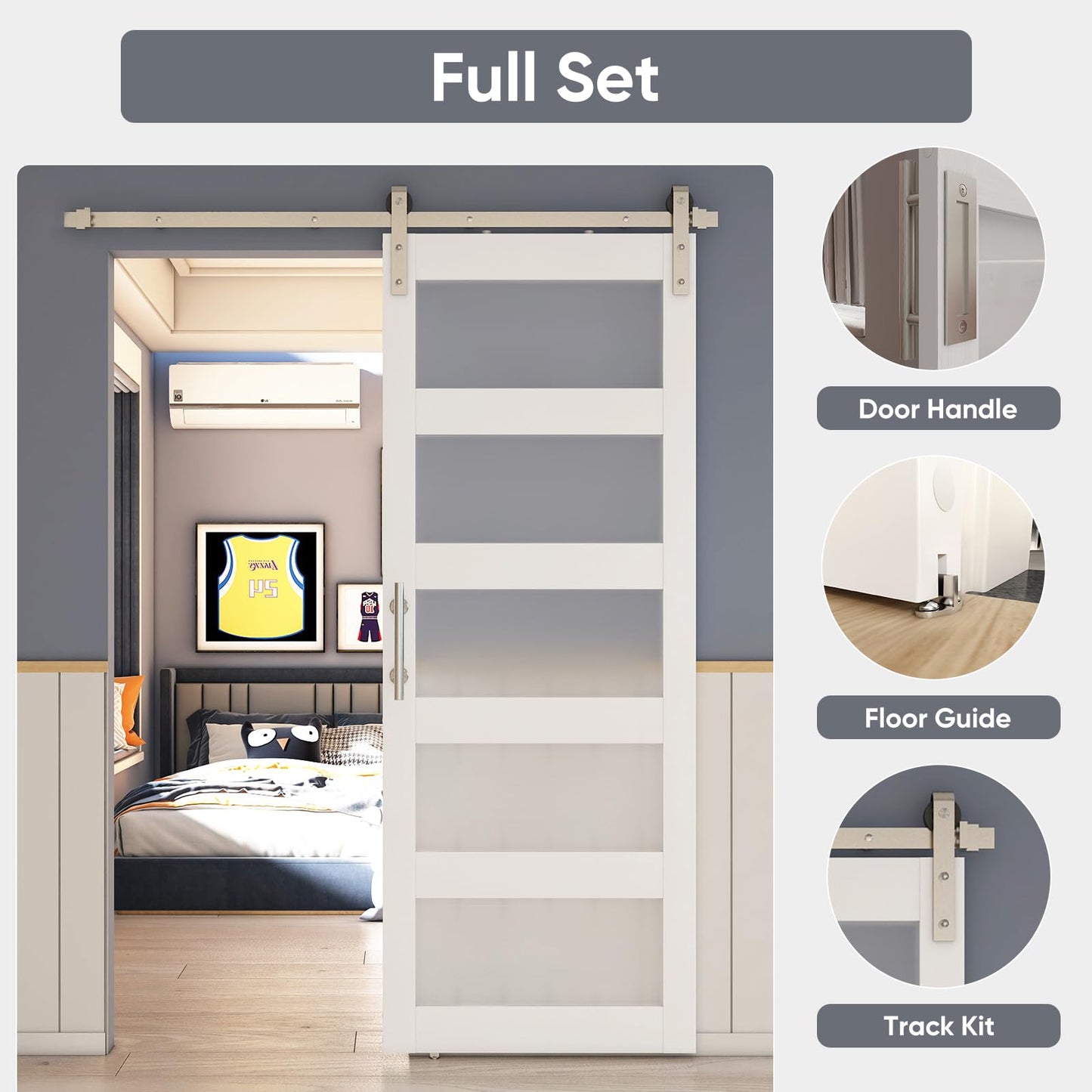 BARNSMITH 32in x 84in Glass Barn Door with 5.5FT Brushed Nickle Sliding Door Hardware Included & Handle,5-Panel Frosted Glass Solid Wood Water-Proof PVC Surface,Pre-Drilled Easy Assembly,White