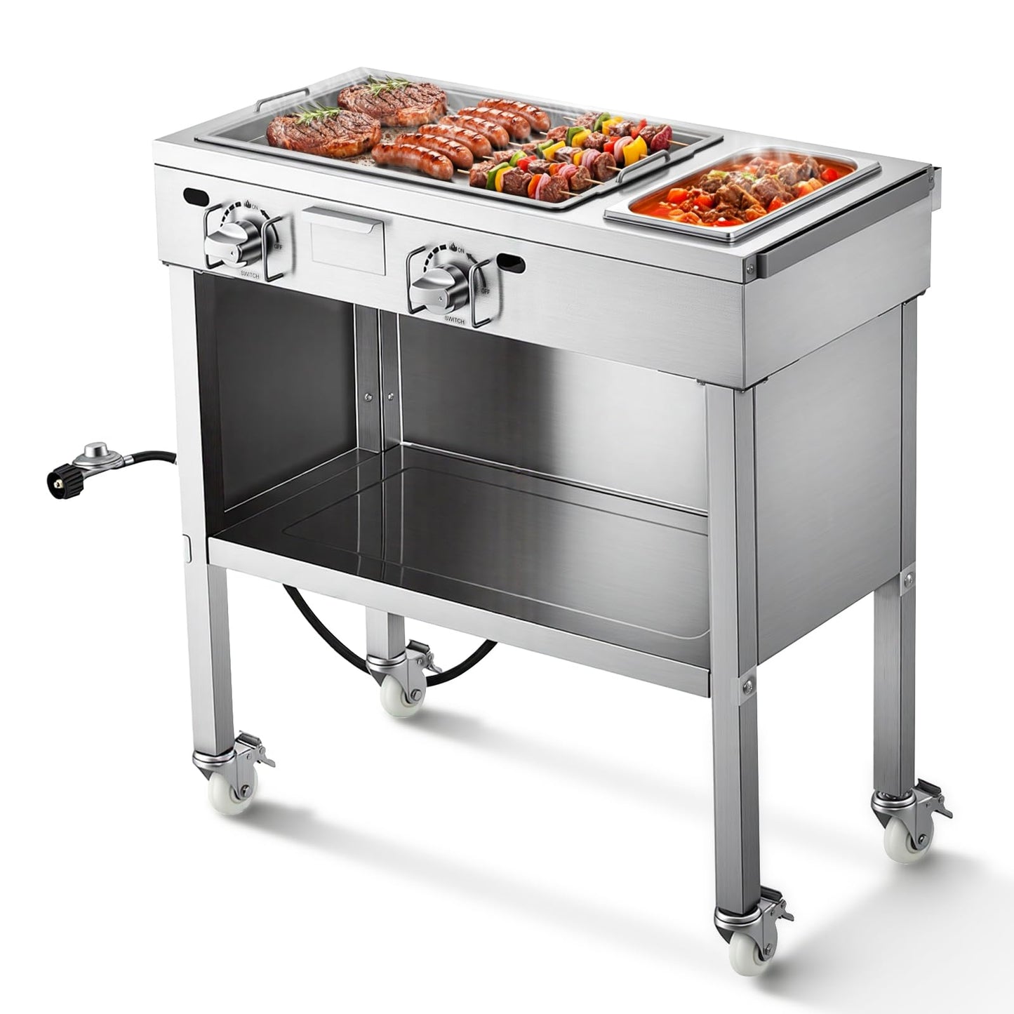 VEVOR Outdoor Propane Griddle, 2 Burners (11,600 BTU Each), Commercial Stainless Steel Gas Griddle Cart with 4 Lockable Wheels, 1/3 Food Pan, Easy-Grip Side Handle, Ideal for Hot Dogs, Burgers & Meats