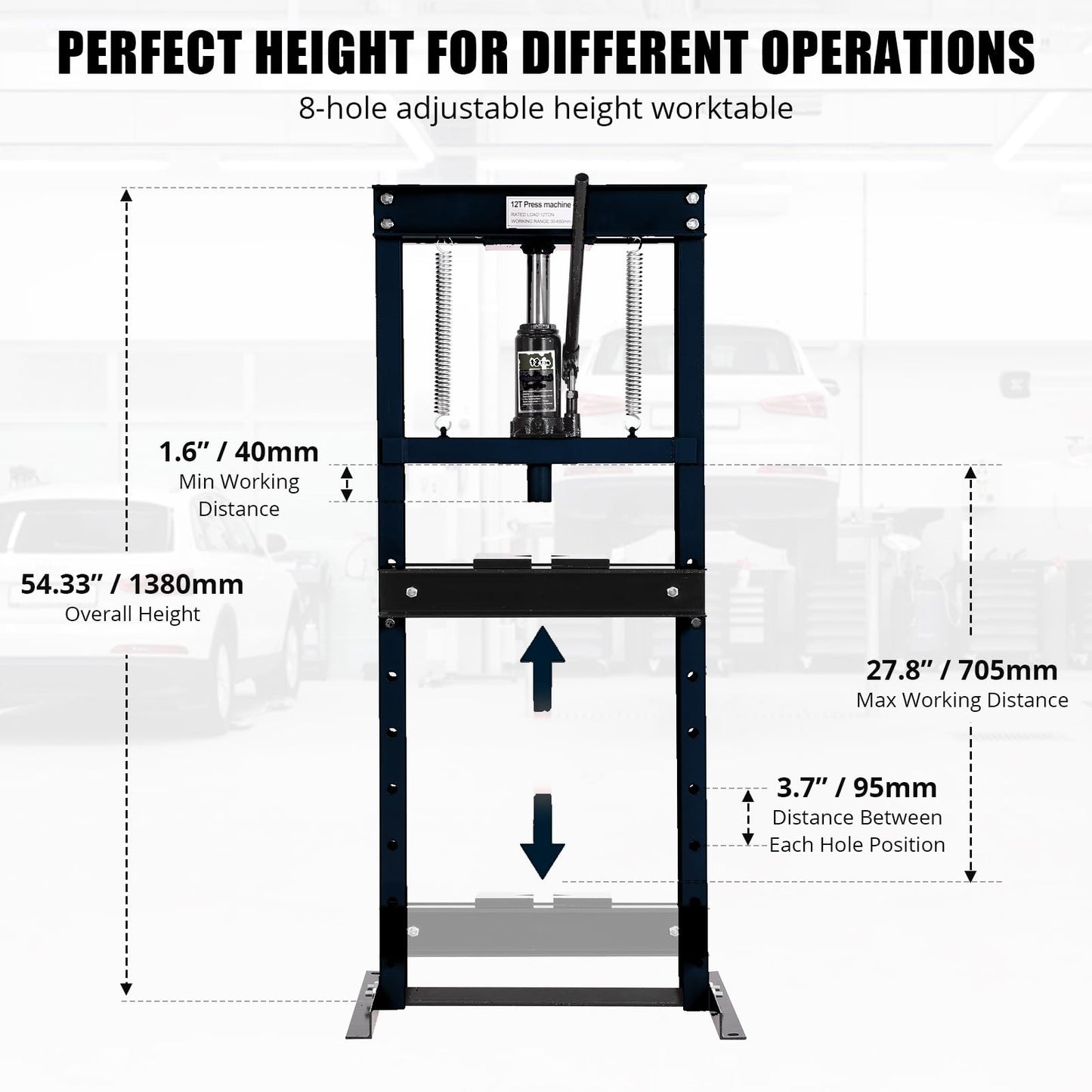 12T Hydraulic Press, Heavy Duty H-Frame Garage Floor Hydraulic Shop Press with Press Plates, Adjustable Working Table Height, for Auto Repair, Black