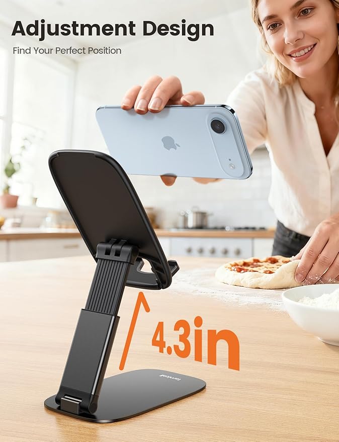 Lamicall Ultra-Thin Phone Stand for Desk, Foldable Cell Phone Holder Height Adjustable, Sturdy Weighted Base, Thick Case Friendly for Gaming Office, Fit iPhone 17 16 15 Pro Max, Galaxy S26, Switch