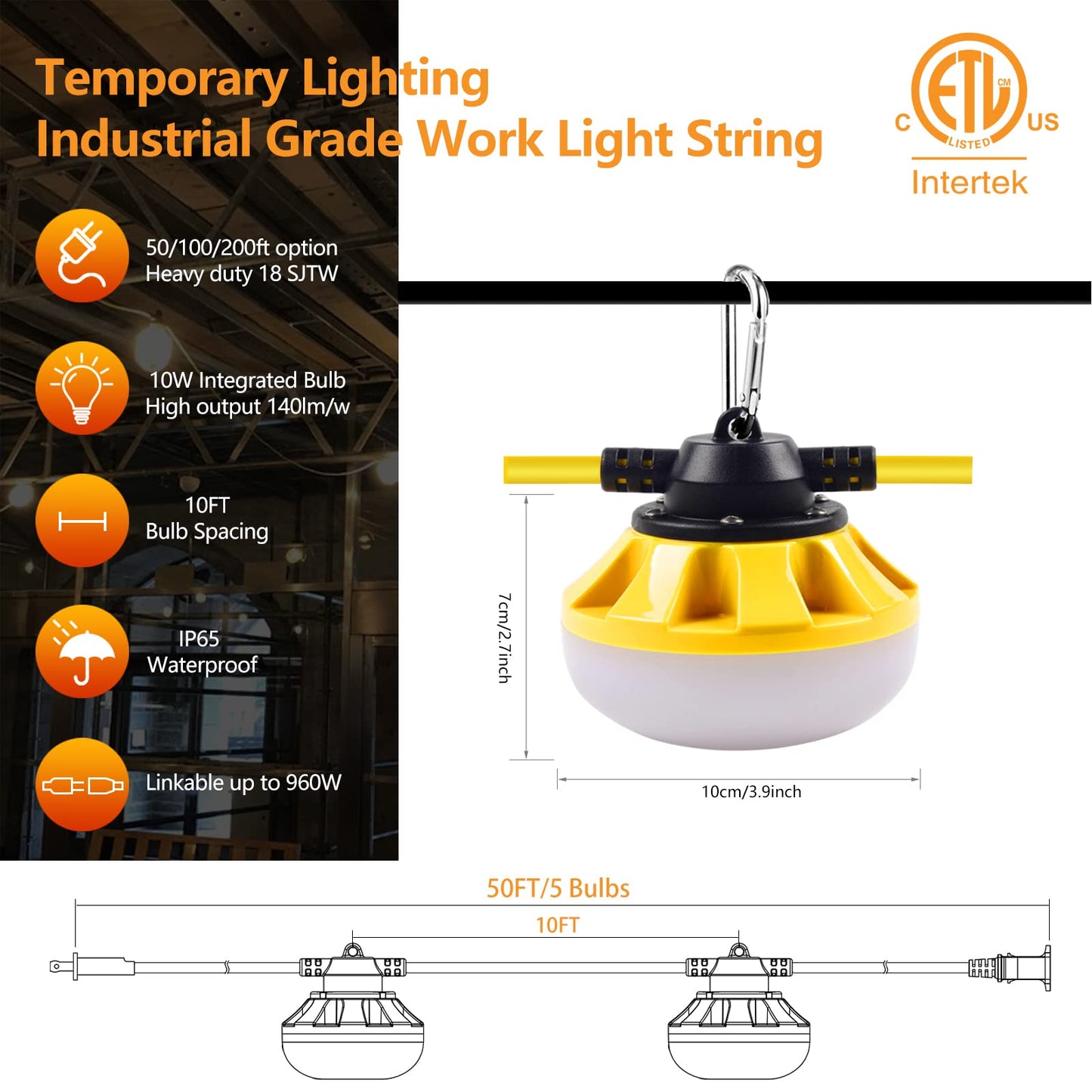 Alitamei 200FT Construction Lights, 200W Temporary Lighting with 20 Medium Base Sockets (E26), Bright Linkable Job Site Lighting LED Work Lights for Indoor Outdoor Construction Lighting