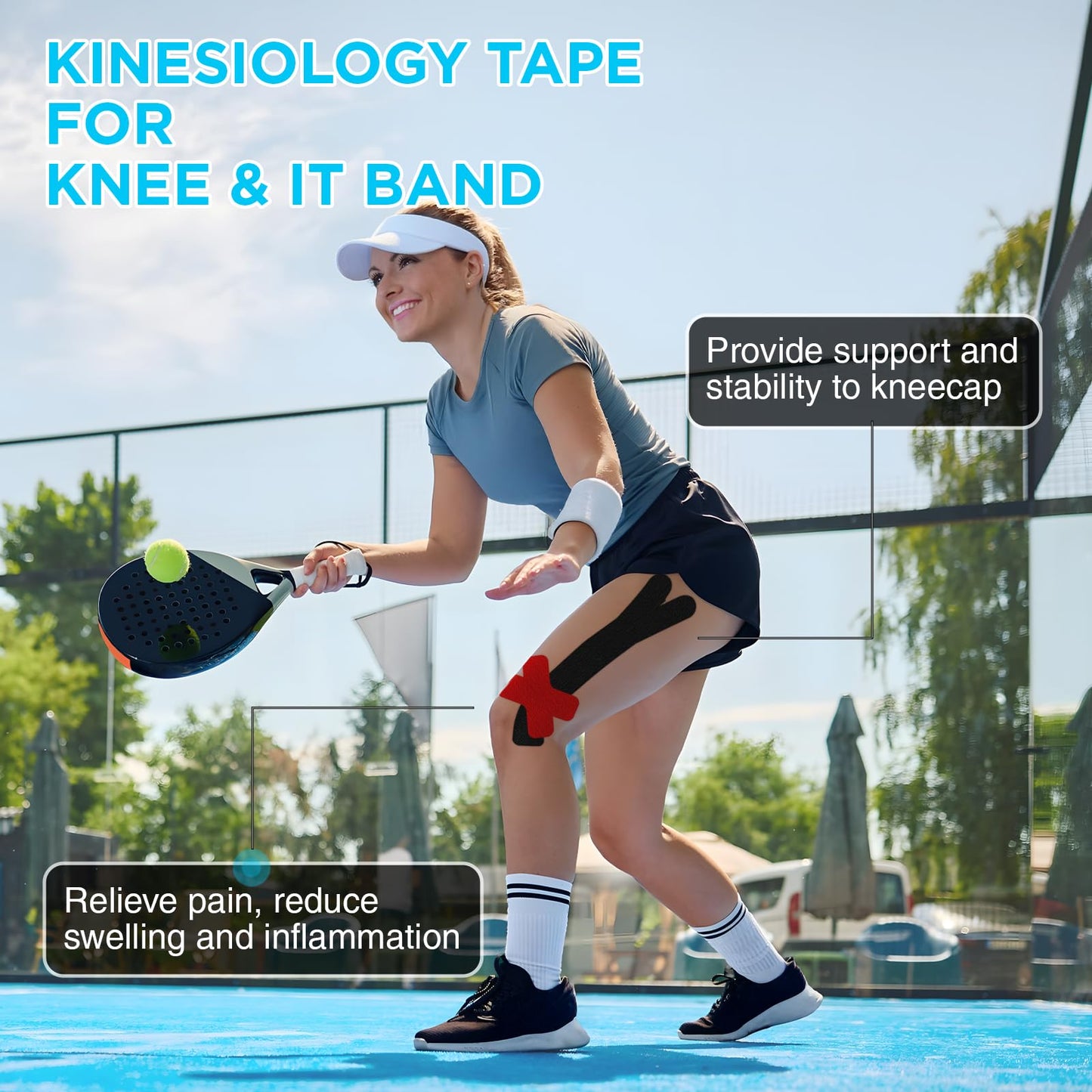 OK TAPE Precut Kinesiology Tape for Knee, Thigh, IT Band Pain Relief, 20 Strips, Provide Support & Stability, Elastic Athletic Tape, Waterproof Knee Tape for Running (Black & Red)