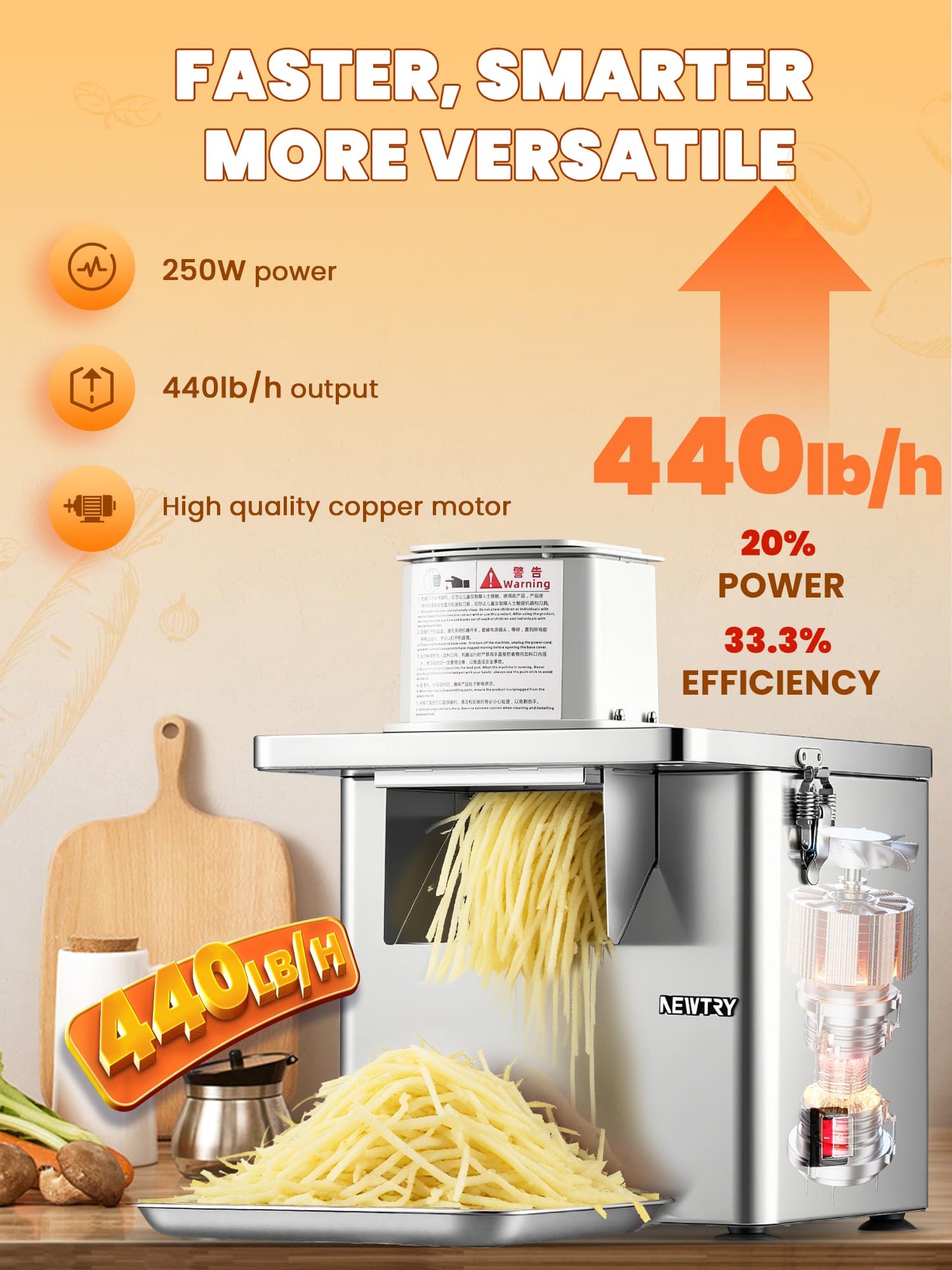 NEWTRY Commercial 4 in 1 Vegetable Processor, 250W Electric Vegetable Fruit Dicer with Slicer Shredder 6/8/10/13mm Dicing Grids, Automatic Slicer Shredder for Potatoes Carrots, Stainless Steel
