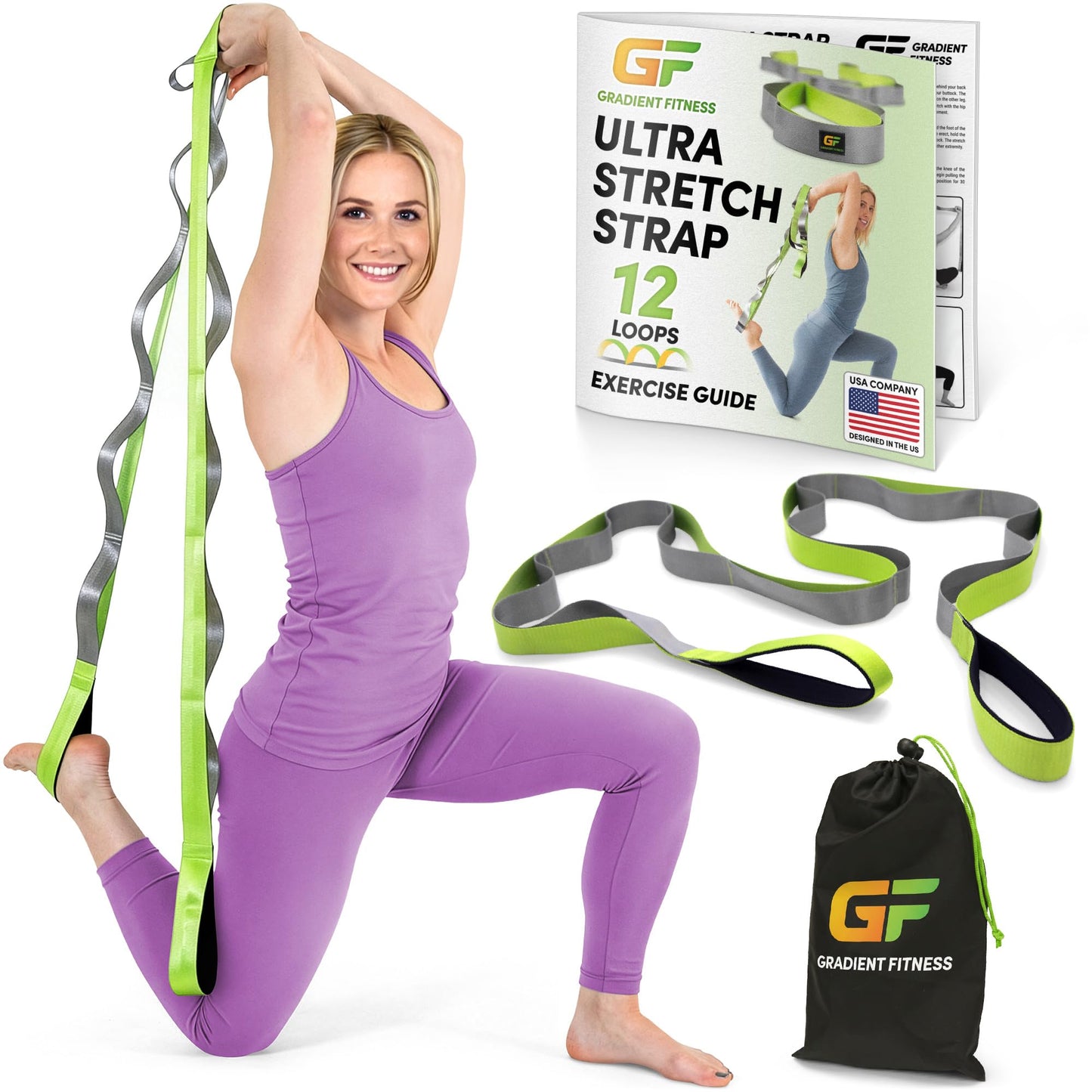Gradient Fitness Stretching Strap for Physical Therapy, 12 Multi-Loop Stretch Strap 1.5" W x 8' L, Neoprene Handles, Physical Therapy Equipment, Yoga Straps for Stretching, Leg Stretcher, (Green/Grey)