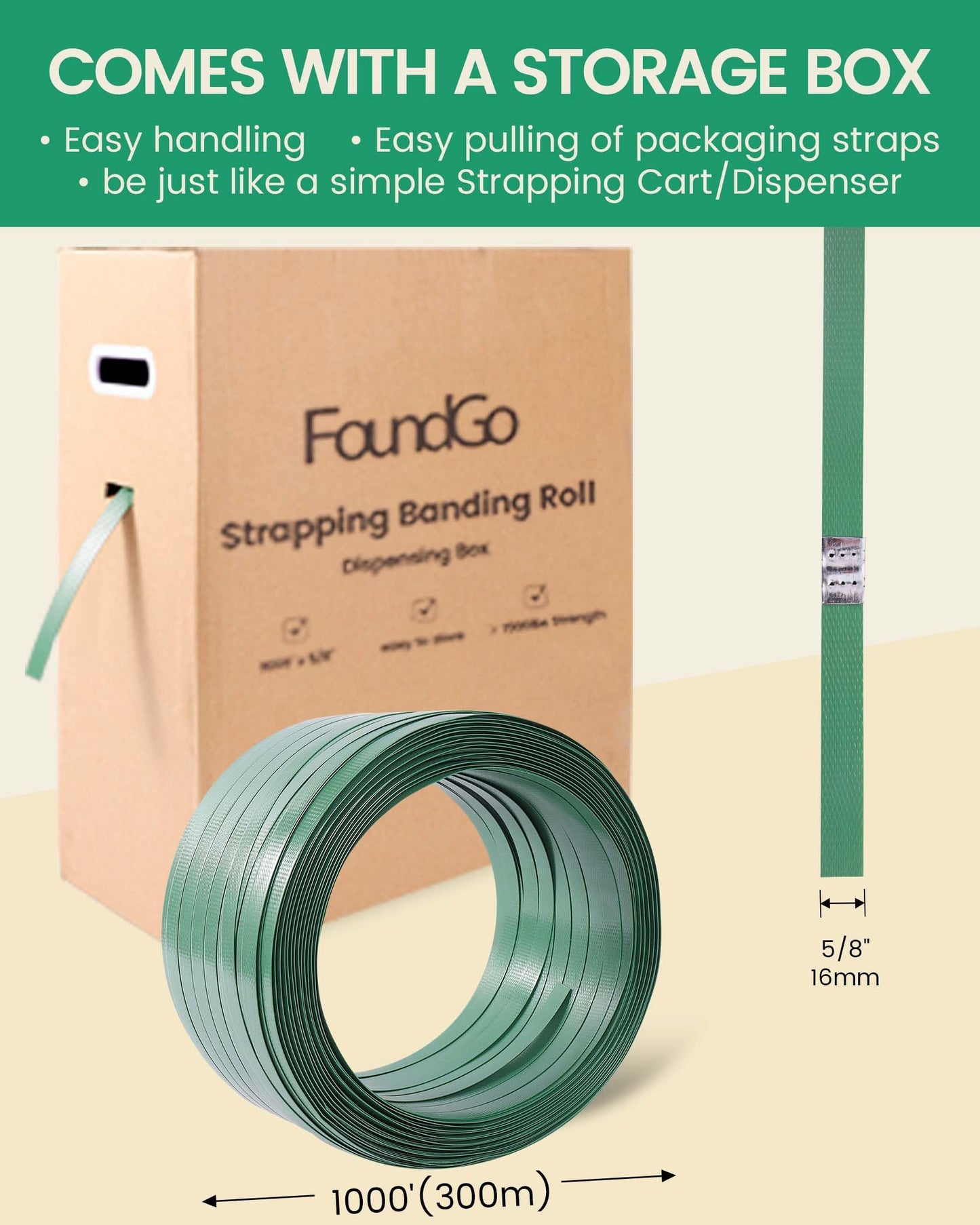 FoundGo PET Banding Strapping Kit for Heavy Duty Tough Pallet Packaging Strapping Tool with >1500lbs 5/8" x 1000' PET Strapping Roll & its own Pull-Out Box 100 Corner Protectors 300 Seals