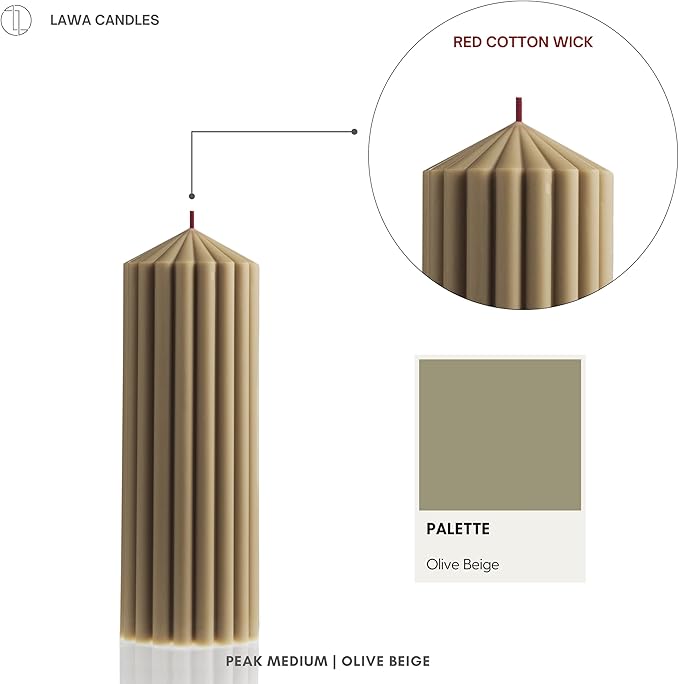 LAWA Ribbed Peak Pillar Candle - Large Beautiful Handmade Pillar Scented Soy Wax Candle Elegant Bubble Aesthetic Candle Housewarming Gift Home Room Shelf Decor Idea White (Medium, Olive Beige)