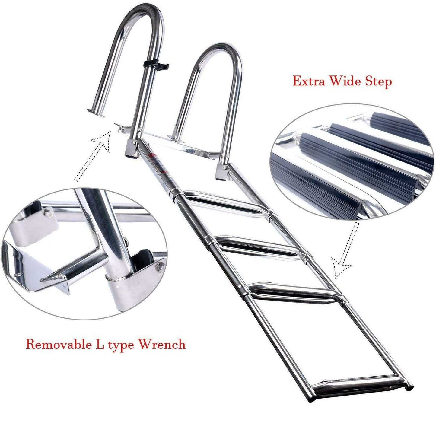 Amarine Made Boat Ladder 4 Steps Removable Premium Stainless Folding Rear Entry Pontoon Boat Ladder w/Extra Wide Step