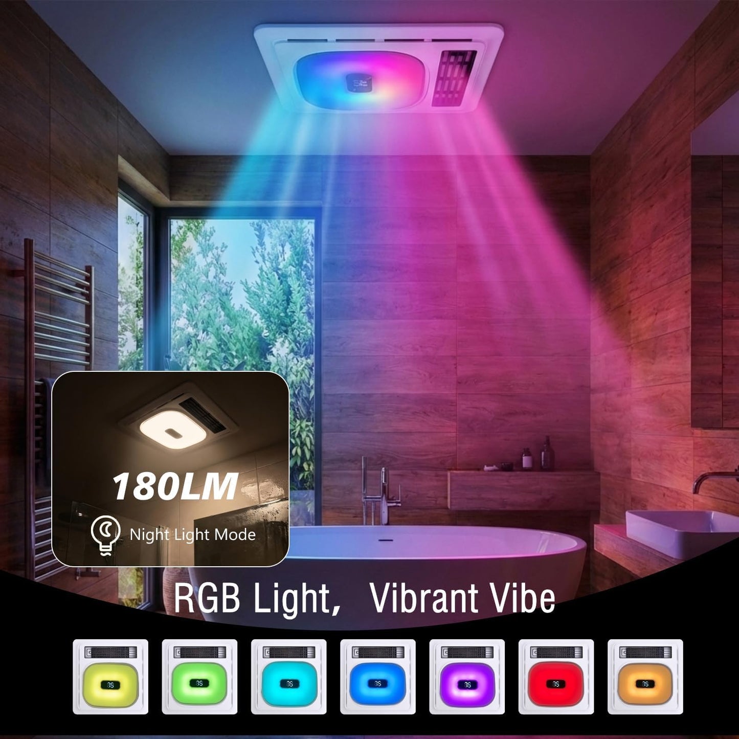 Plutoslove Bathroom Exhaust Fan with Bluetooth Speaker & Heater 1800W for Bathroom, 180 CFM, Quiet 1.0 Sone, 3CCT & Nightlight, 2 Heat Levels, 7 RGB Mode, Remote Control, Ceiling Mount, FCC Certified