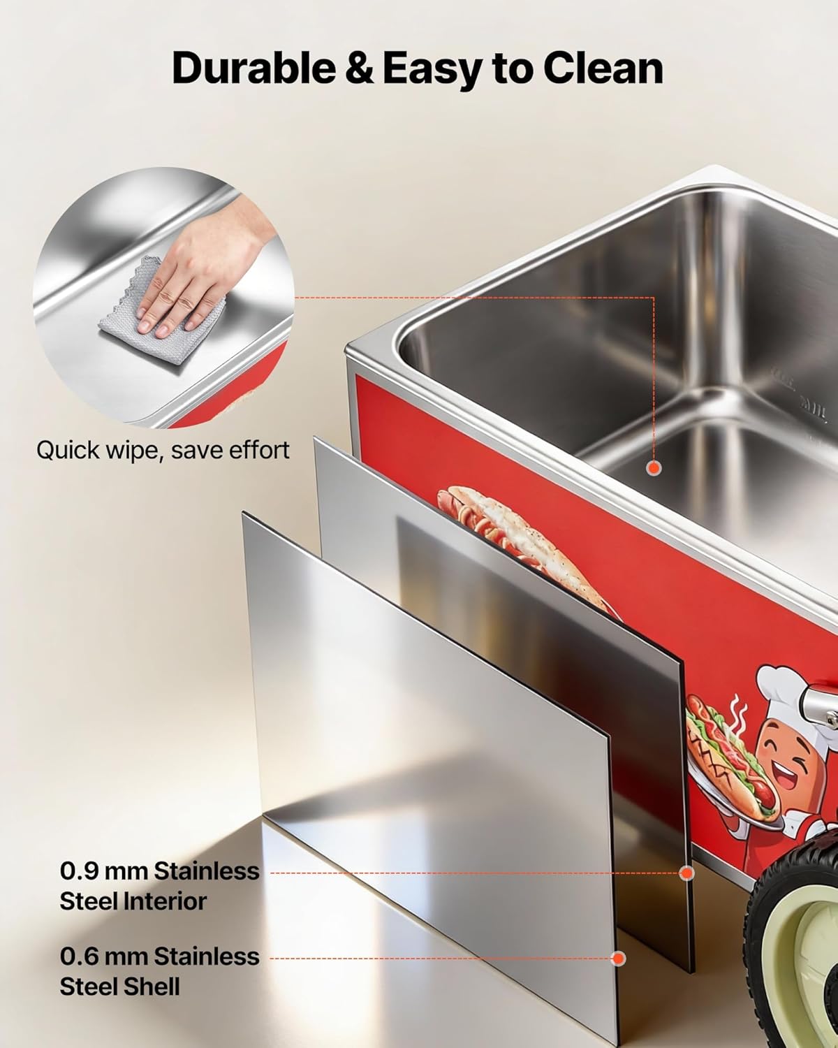 VEVOR Hot Dog Steamer Cart - 1200W Electric Stainless Steel Machine with Adjustable Temp & Umbrella