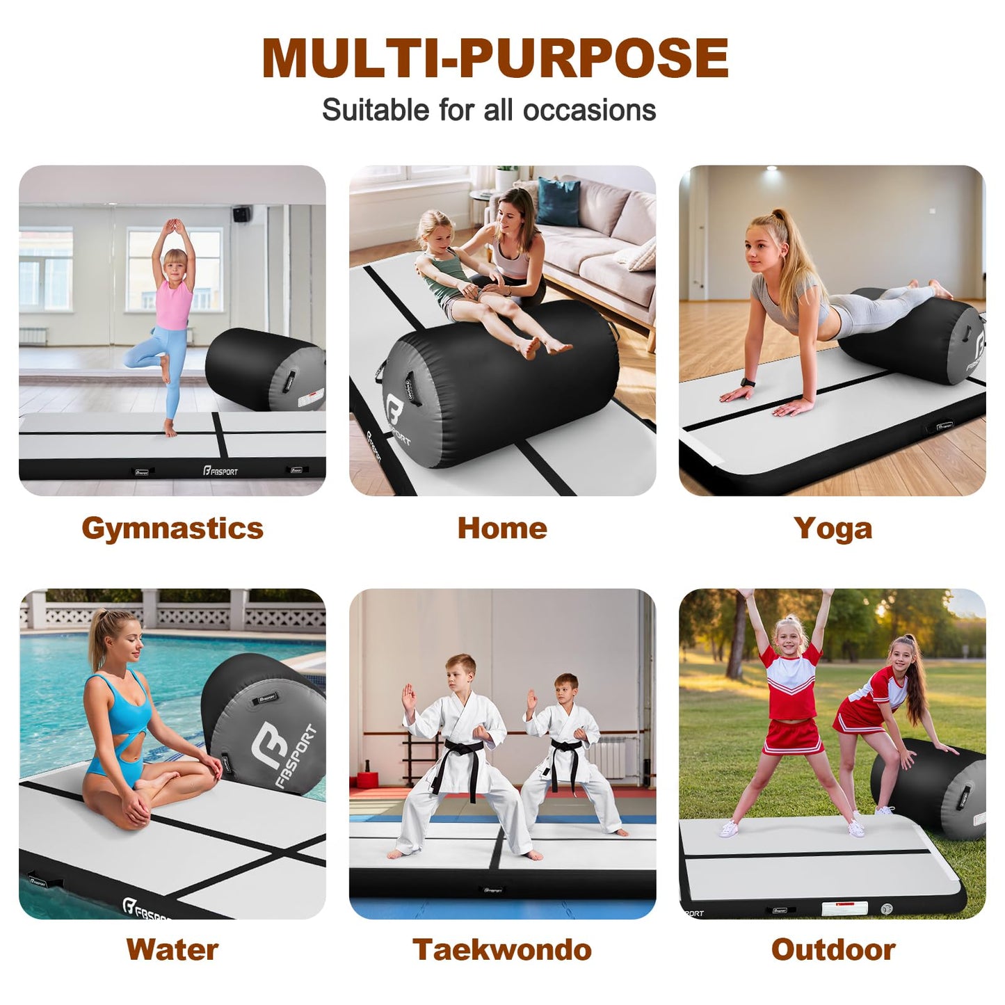 FBSPORT Inflatable Air Gymnastics Mat 4 inches Thickness and Air Roller 40x23.6 inches with Electric Air Pump 10ft Training Mats for Home Use Cheerleading Outdoor Training Park Yoga Beach Water (Black)