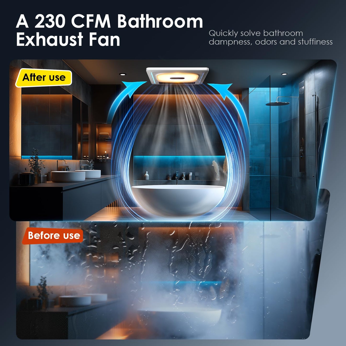 BSEED Bathroom Exhaust Fan with Bluetooth Speaker & Heater, 1800W Dual-Heat, 230 CFM, 3CCT+5-Color RGB Light, Negative Ion, Wall Control